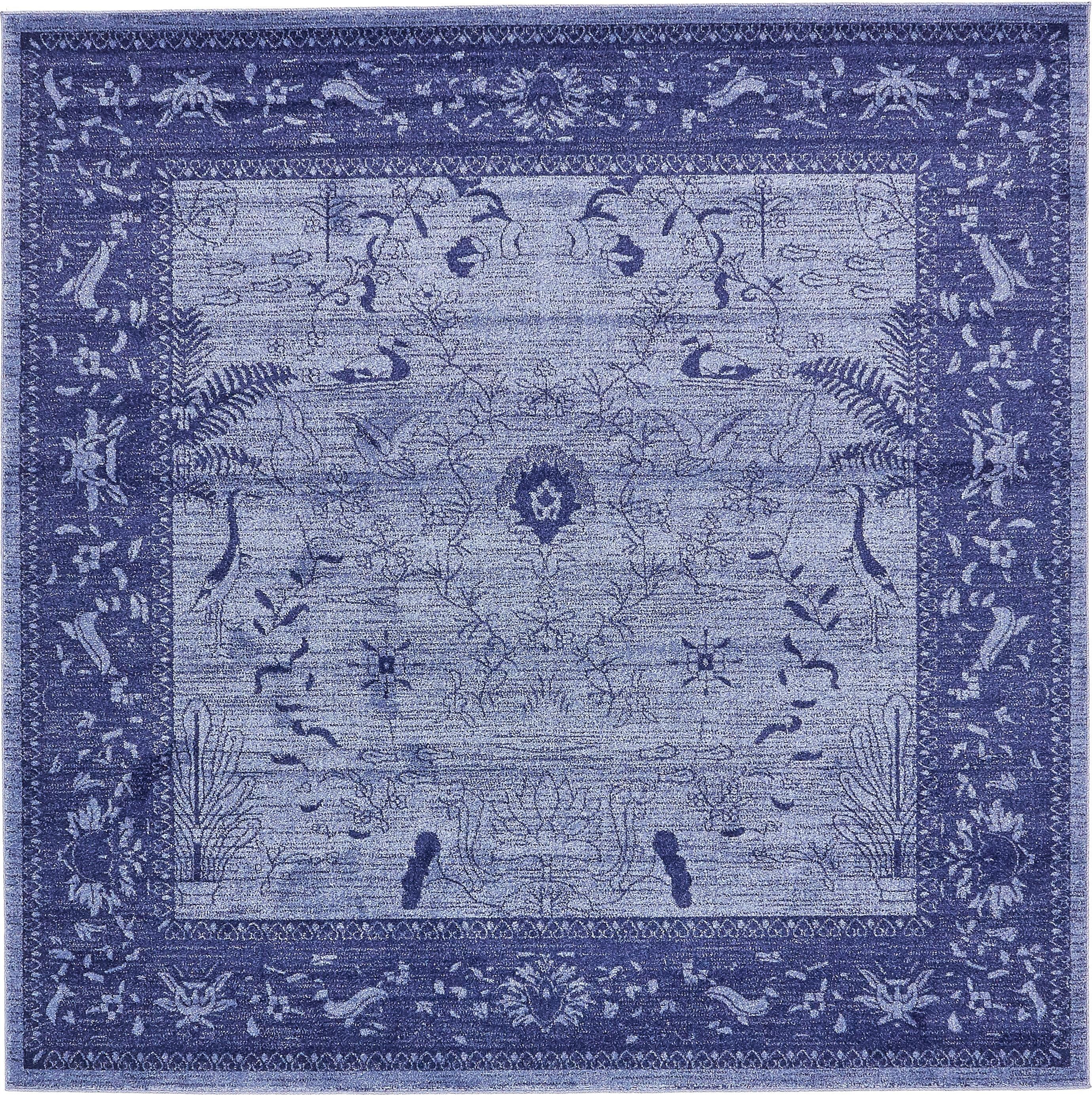 La Jolla Blue Floral Square Synthetic Easy-Care Rug