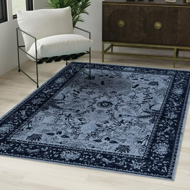 Blue Floral Rectangular Synthetic Easy Care Area Rug
