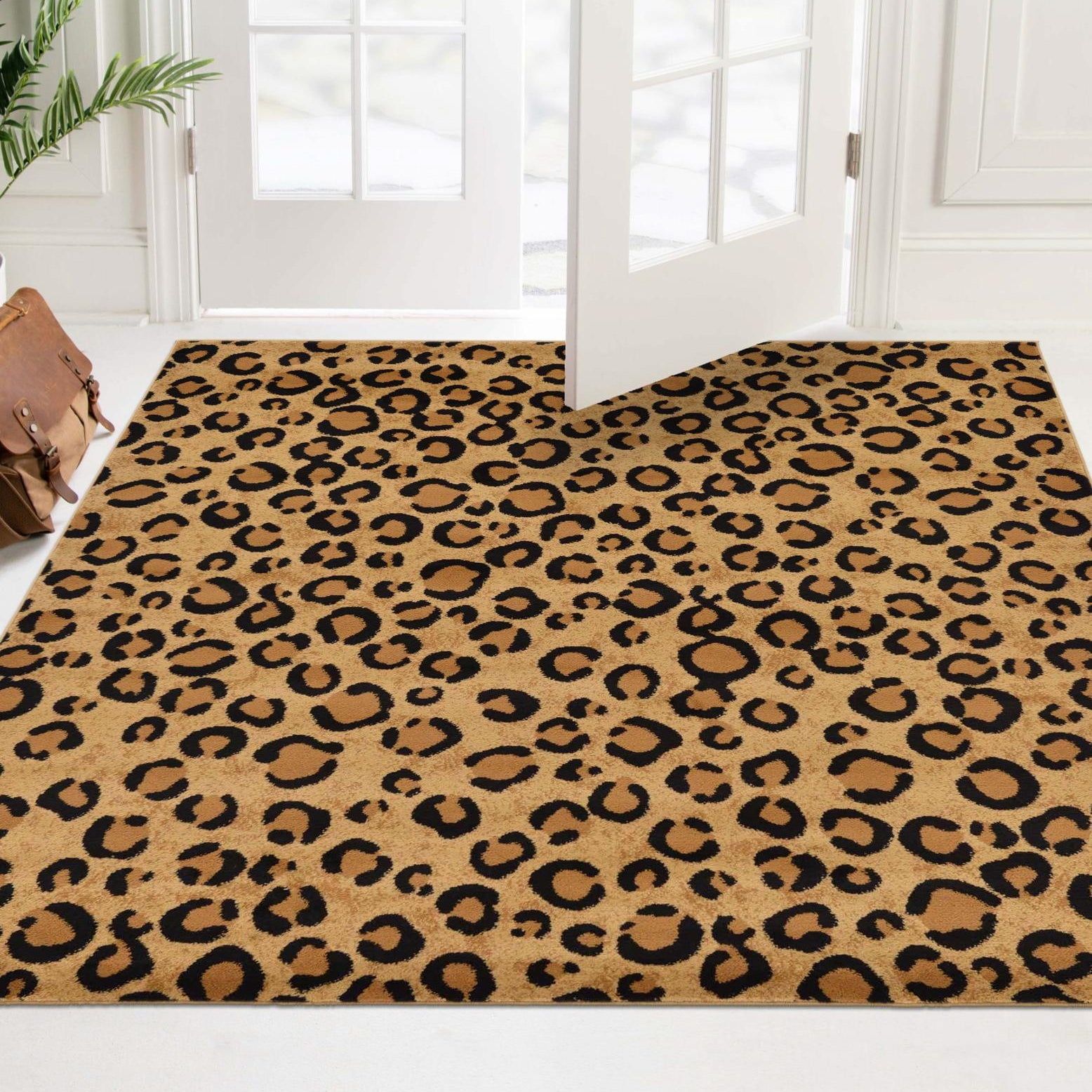 Leopard Print Light Brown Synthetic Square Area Rug