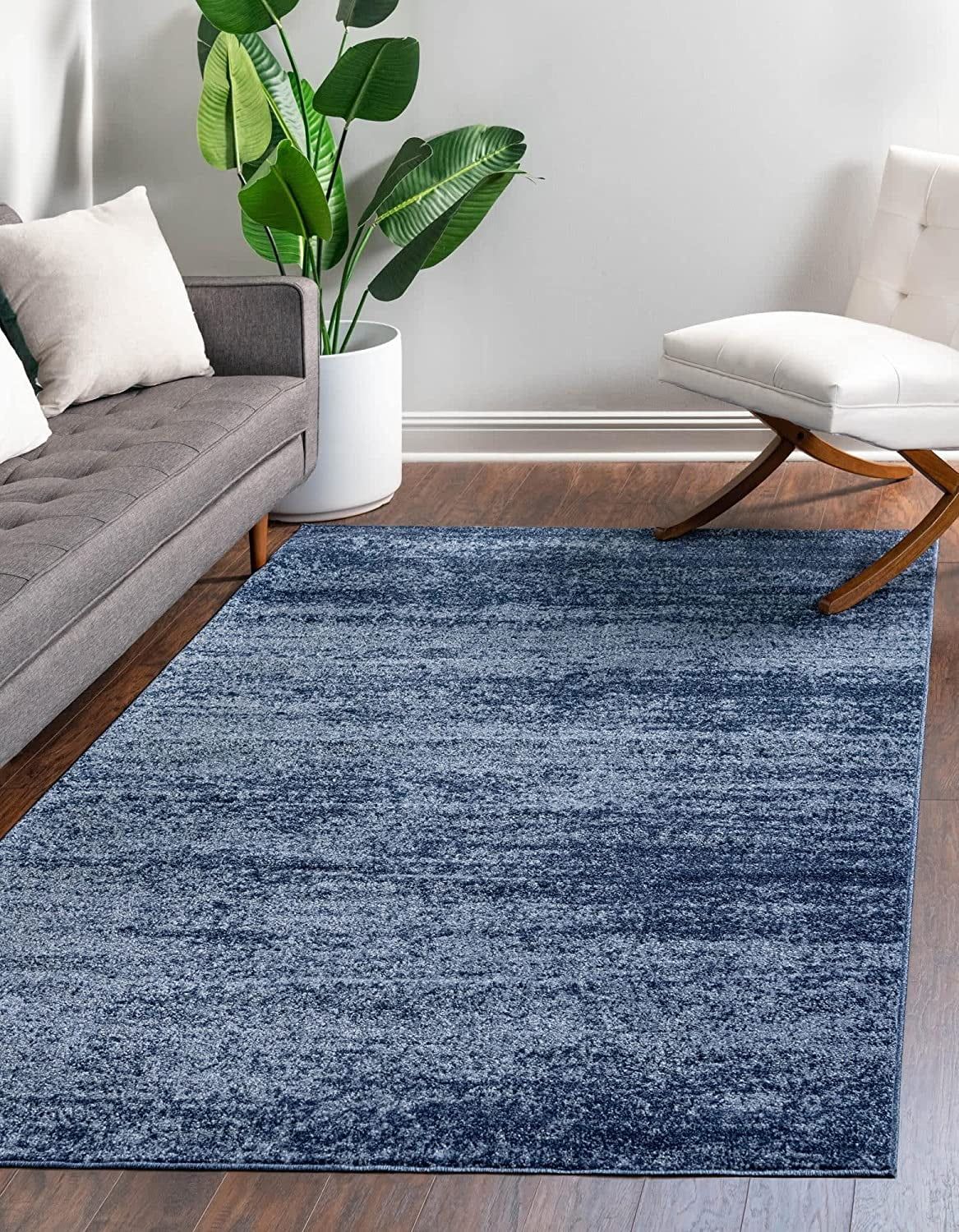 Navy Blue Tufted Stain-Resistant Rectangular Rug