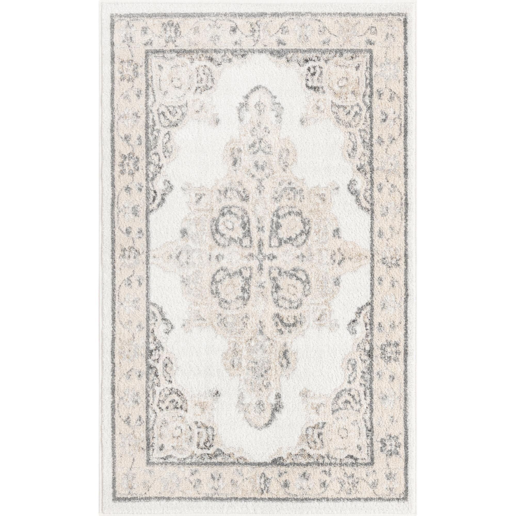 Ivory and Gray Medallion Rectangular Synthetic Area Rug