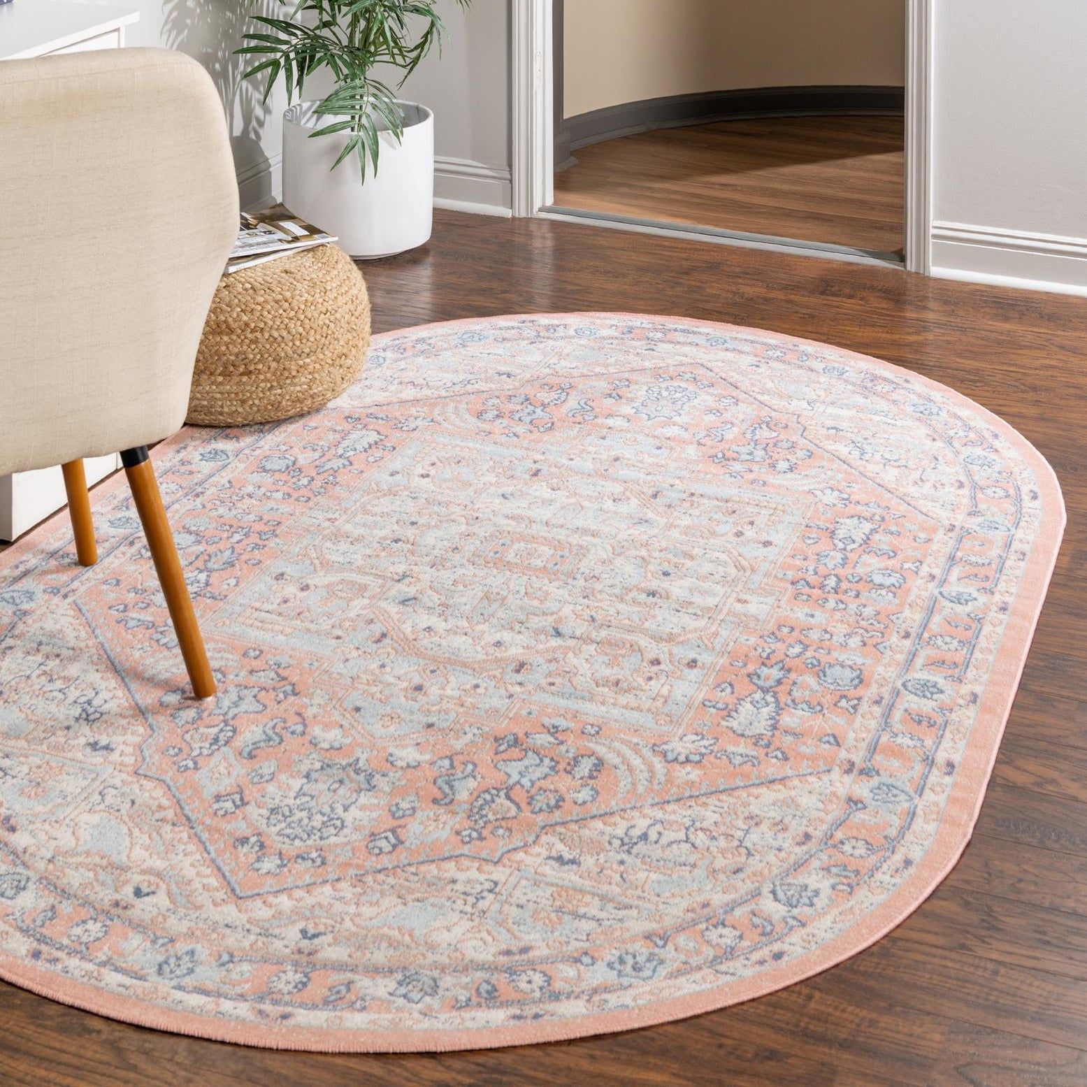 Powder Pink Oval Medallion Easy Care Kids Rug