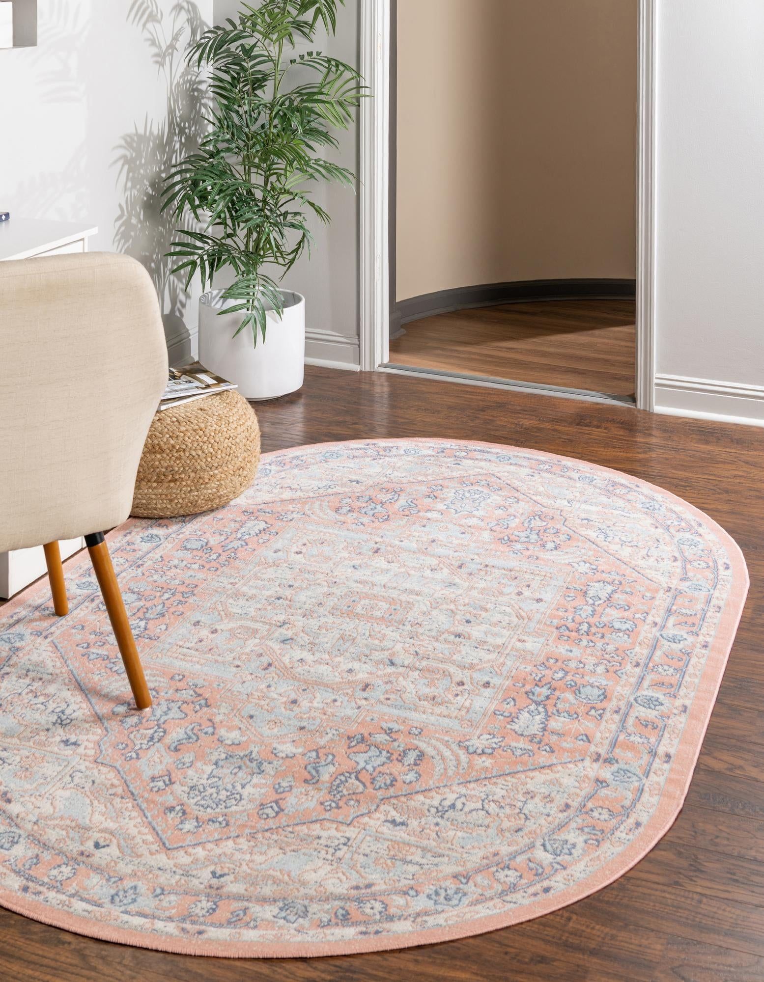 Powder Pink Oval Medallion Easy Care Kids Rug