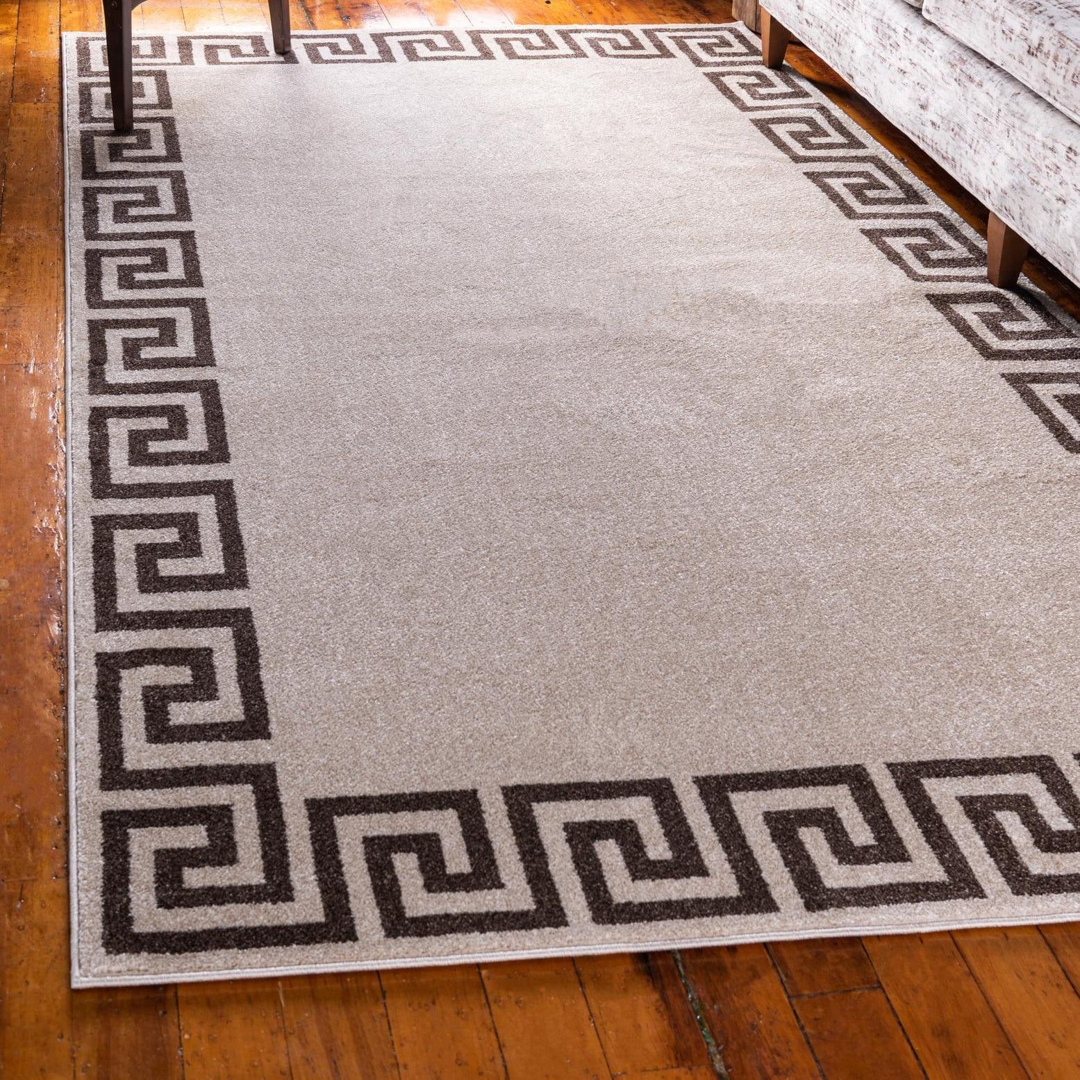 Athens Beige and Brown Geometric Border 5' x 8' Area Rug