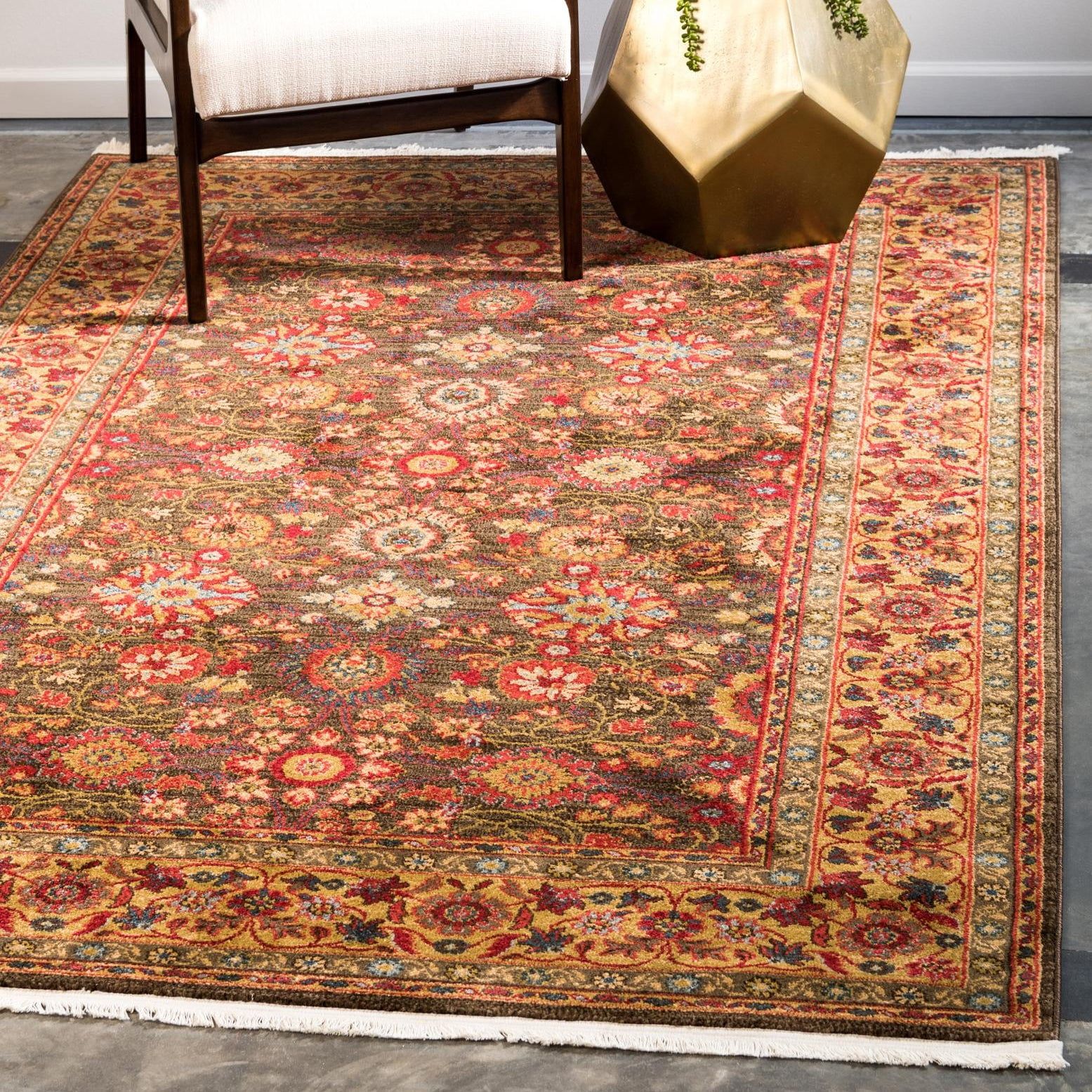 Light Brown Floral Synthetic Rectangular Area Rug, 7' x 10'