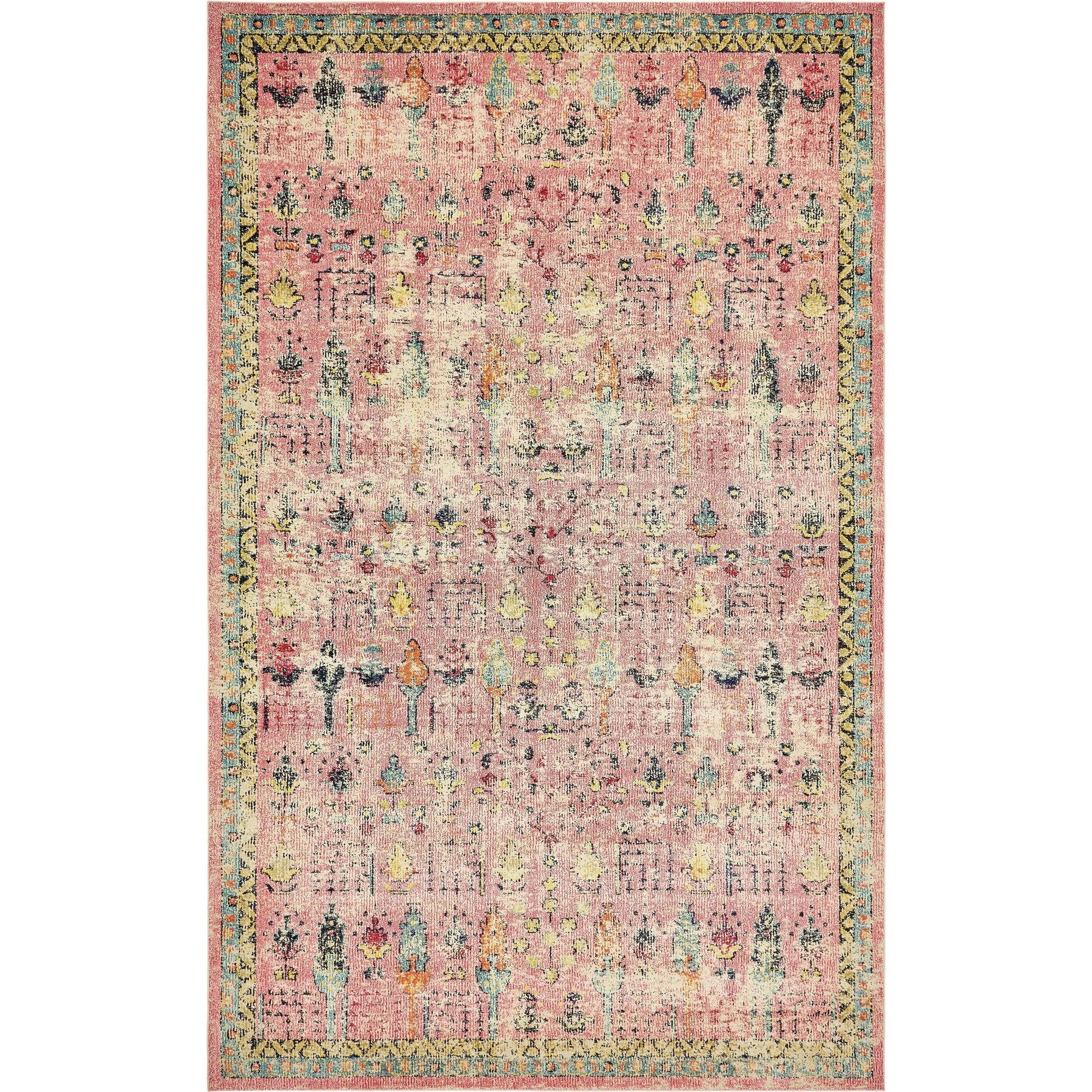 Pink and Blue Rectangular Stain-Resistant Synthetic Area Rug