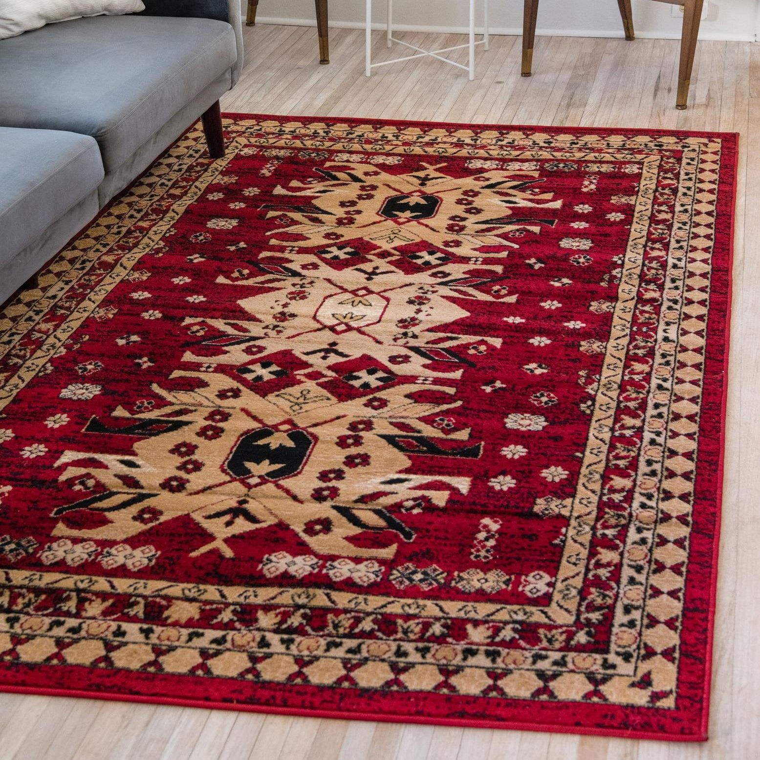 Red and Beige 6' x 9' Stain-Resistant Synthetic Area Rug