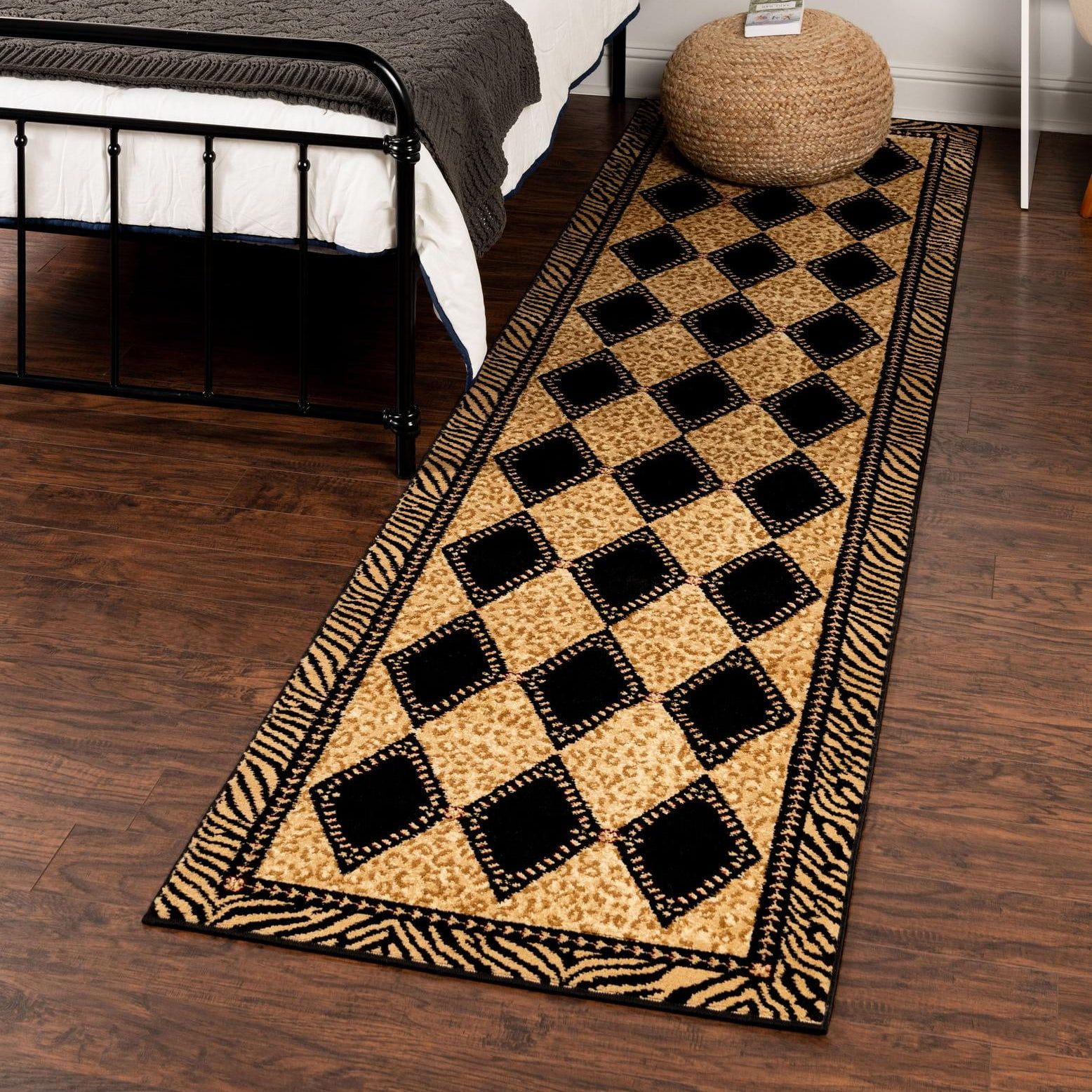 Wildlife Collection Black and Light Brown Geometric Runner Rug