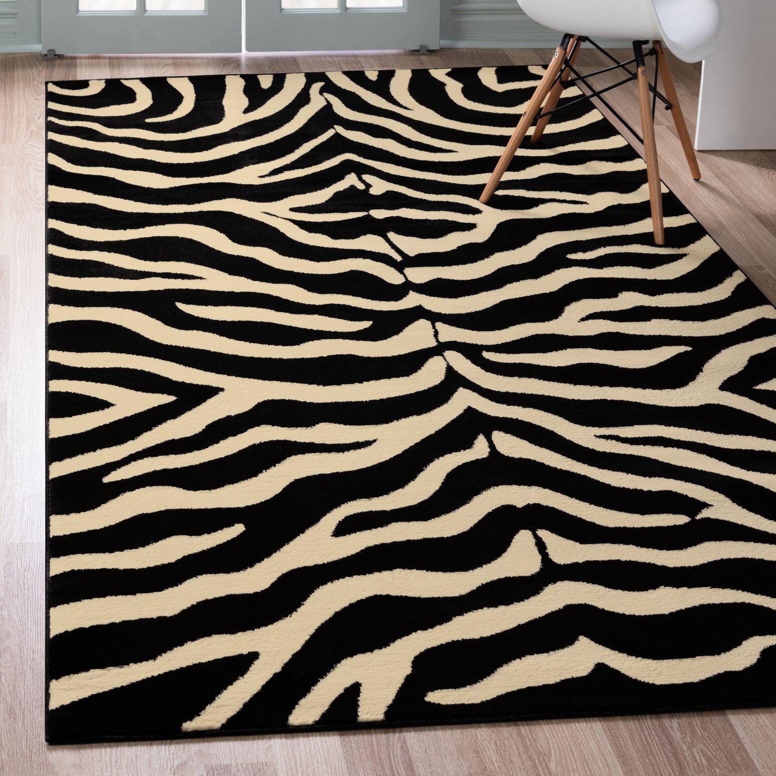 Black and Cream Zebra Print Rectangular Area Rug, 5' x 8'