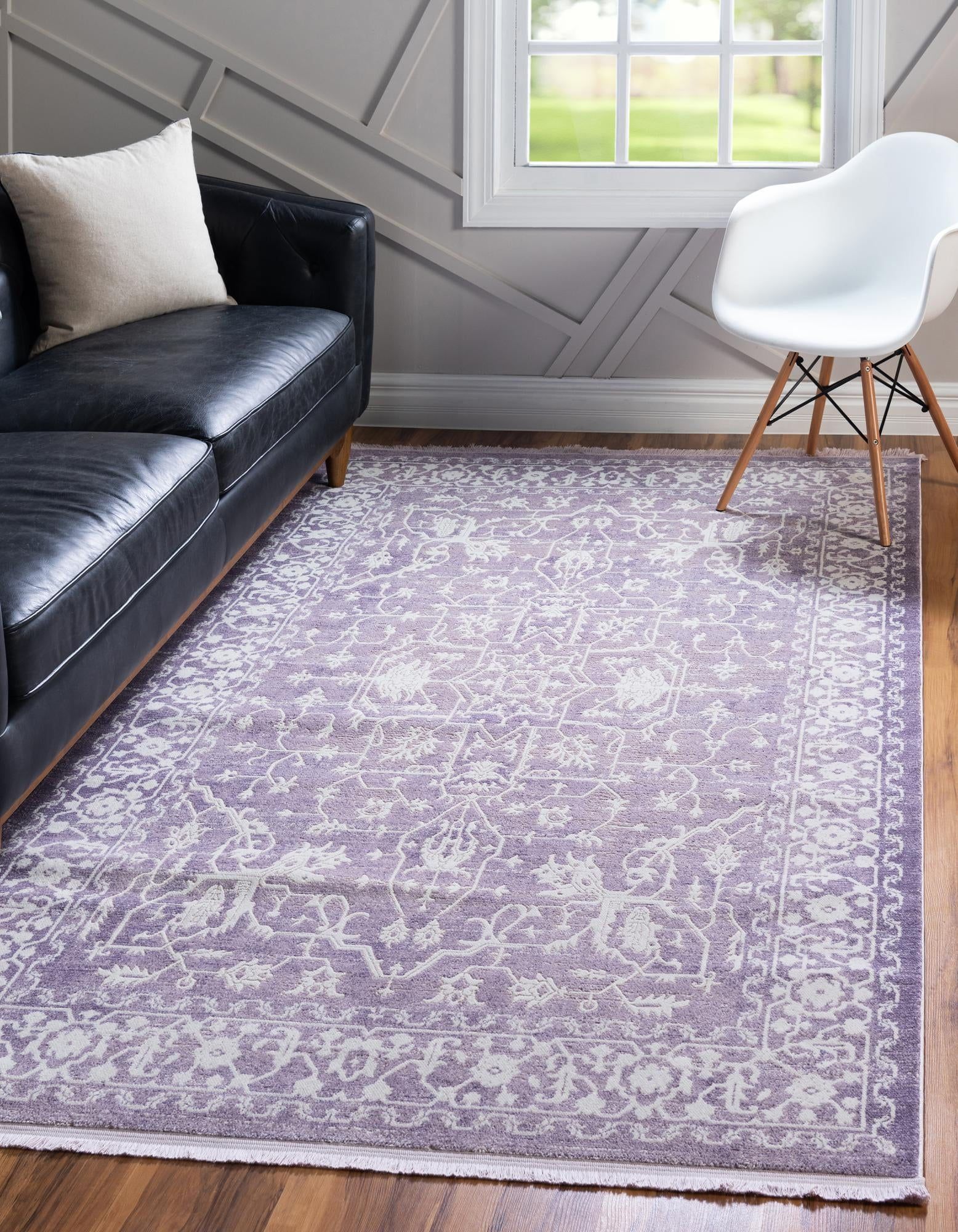 Purple and Ivory Abstract Synthetic Easy Care Rug, 4' x 6'