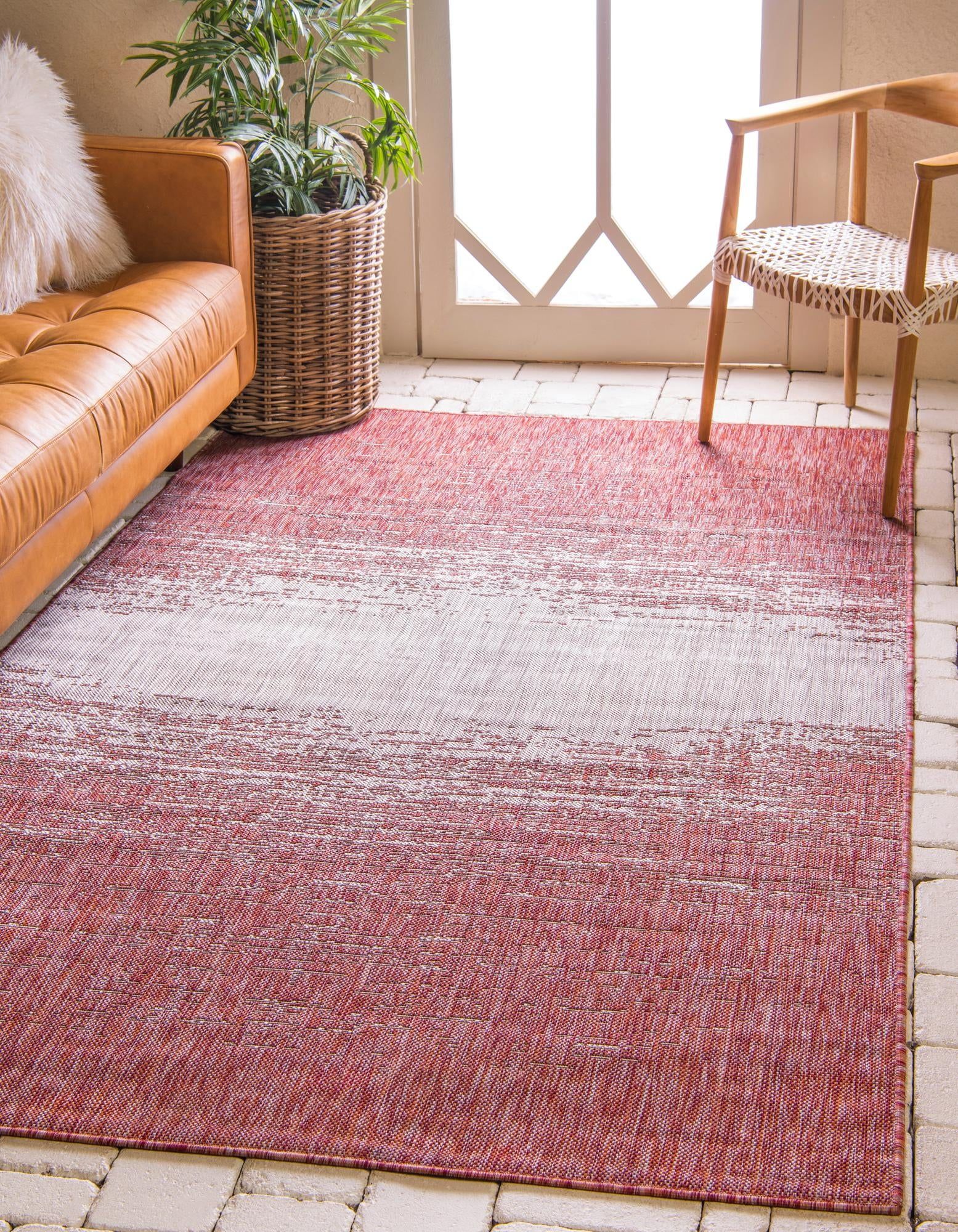 Modern Abstract Rust Red and Gray 4' x 6' Synthetic Outdoor Rug