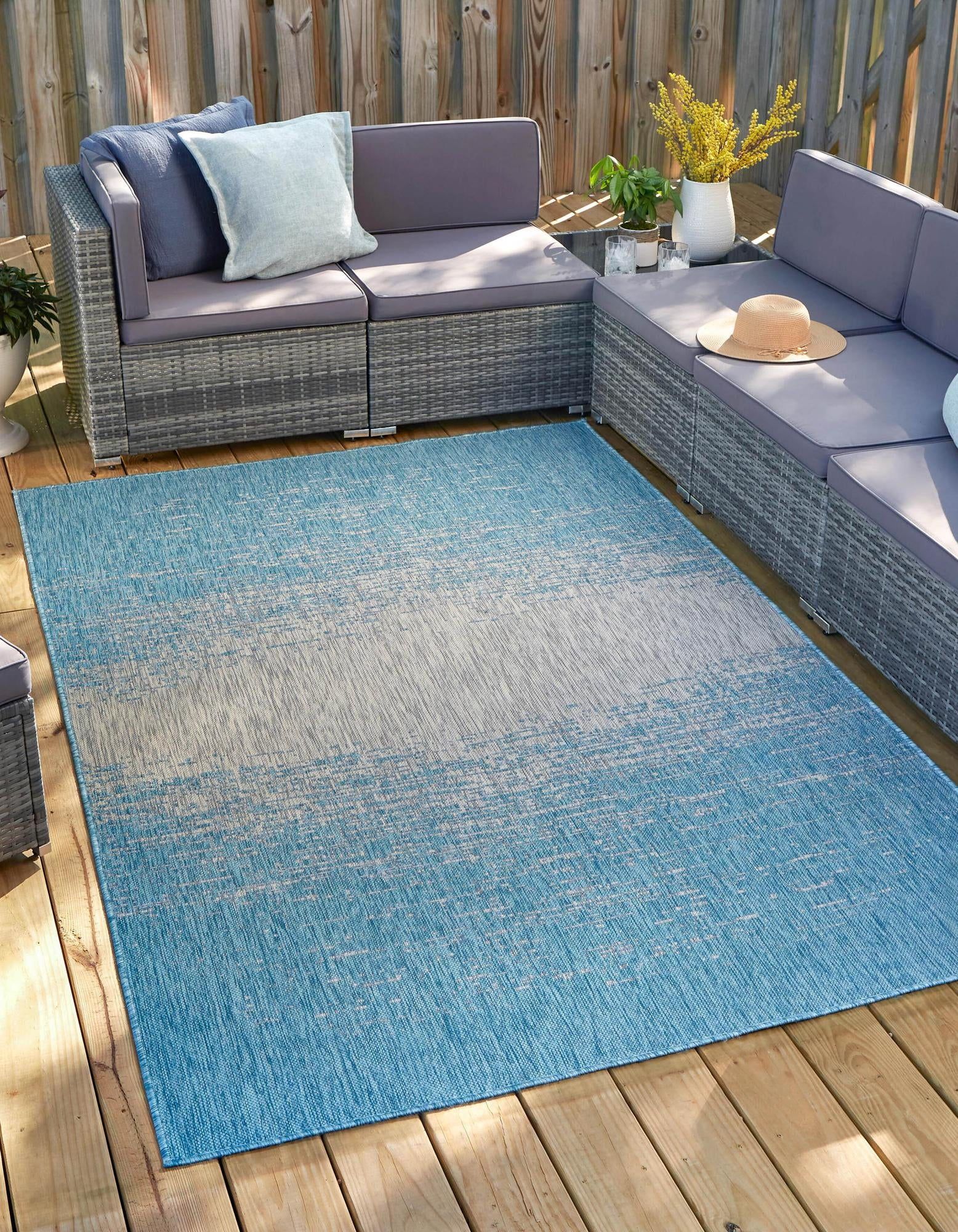 Aqua Blue Abstract 9' x 12' Easy-Care Outdoor Rug