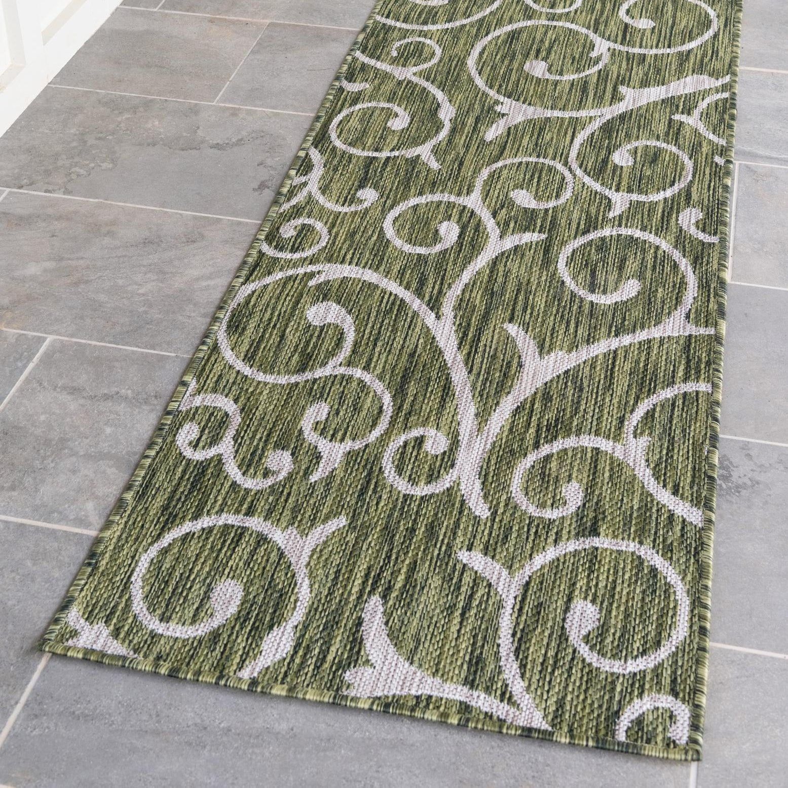 Green and Ivory Abstract Outdoor Runner Rug