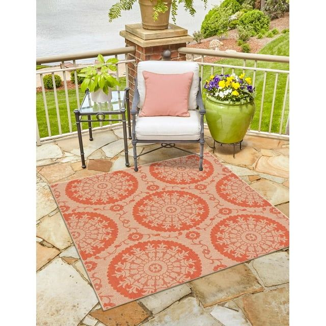 Terracotta Square Outdoor Rug 6' Easy-Care Synthetic Reversible