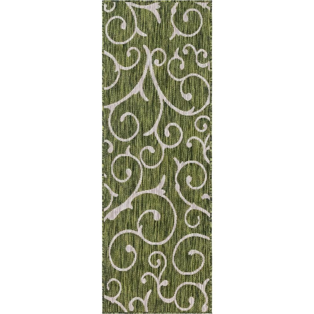 Green and Ivory Abstract Outdoor Runner Rug