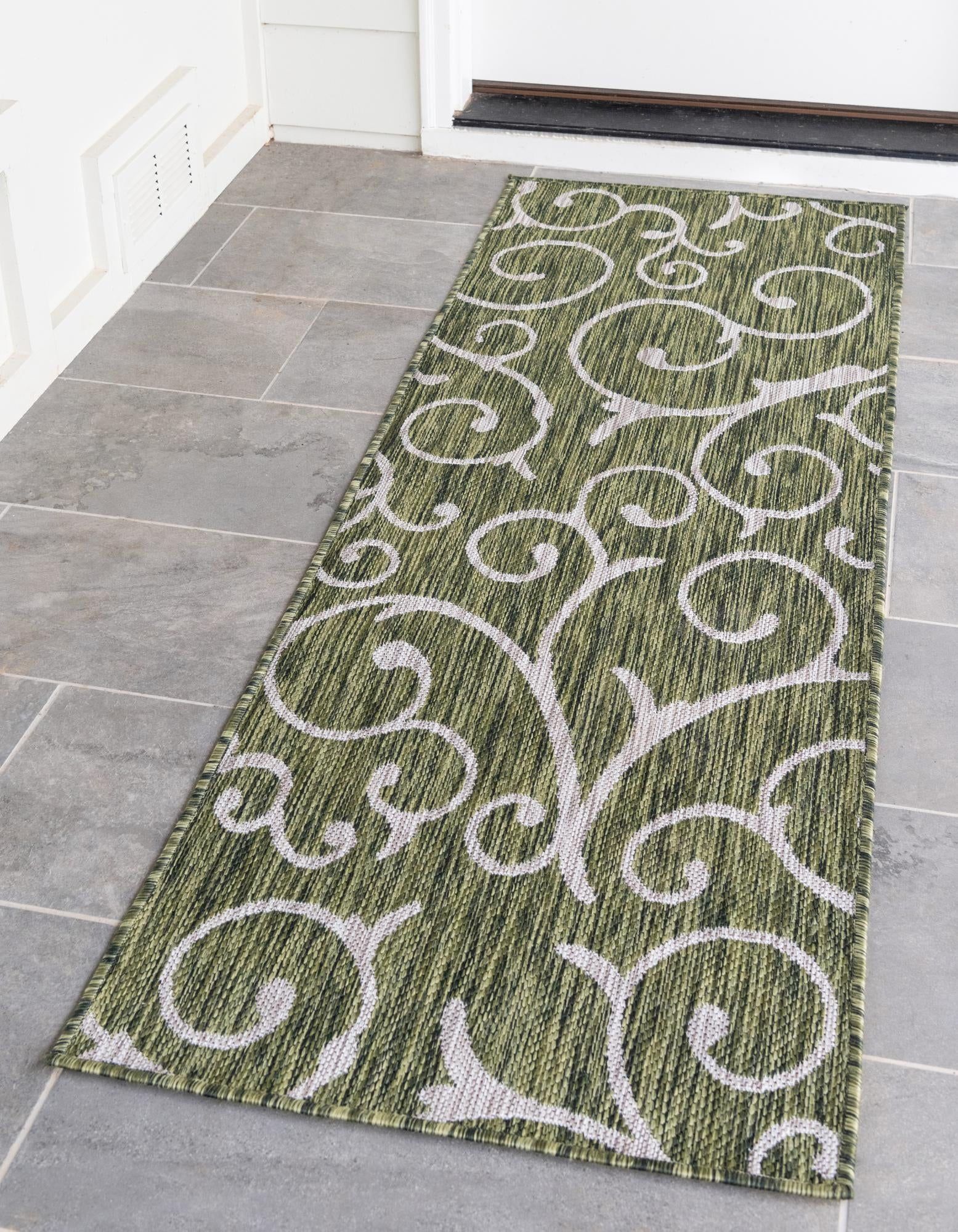 Green and Ivory Abstract Outdoor Runner Rug