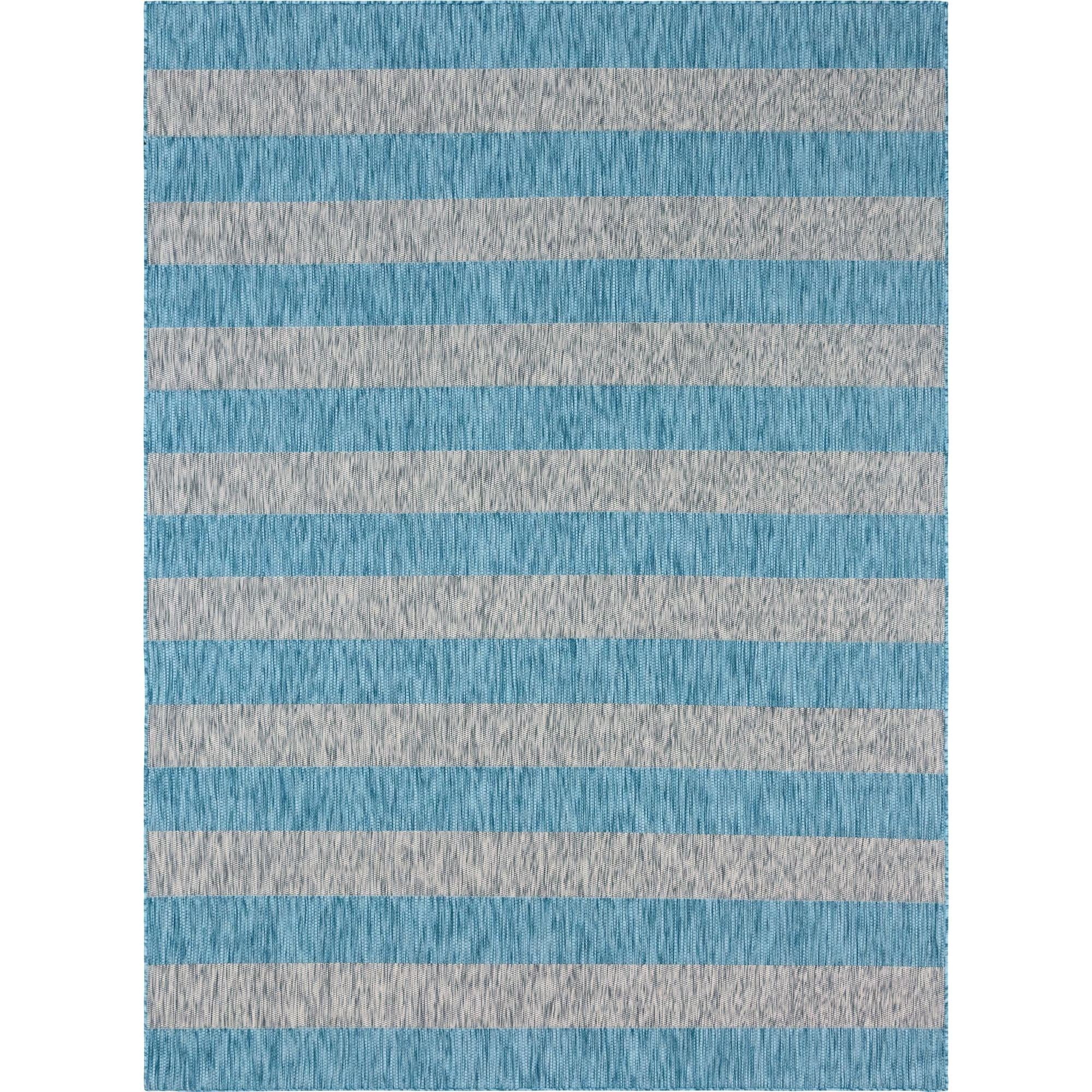 Aqua Blue and Ivory Striped 9' x 12' Synthetic Outdoor Rug