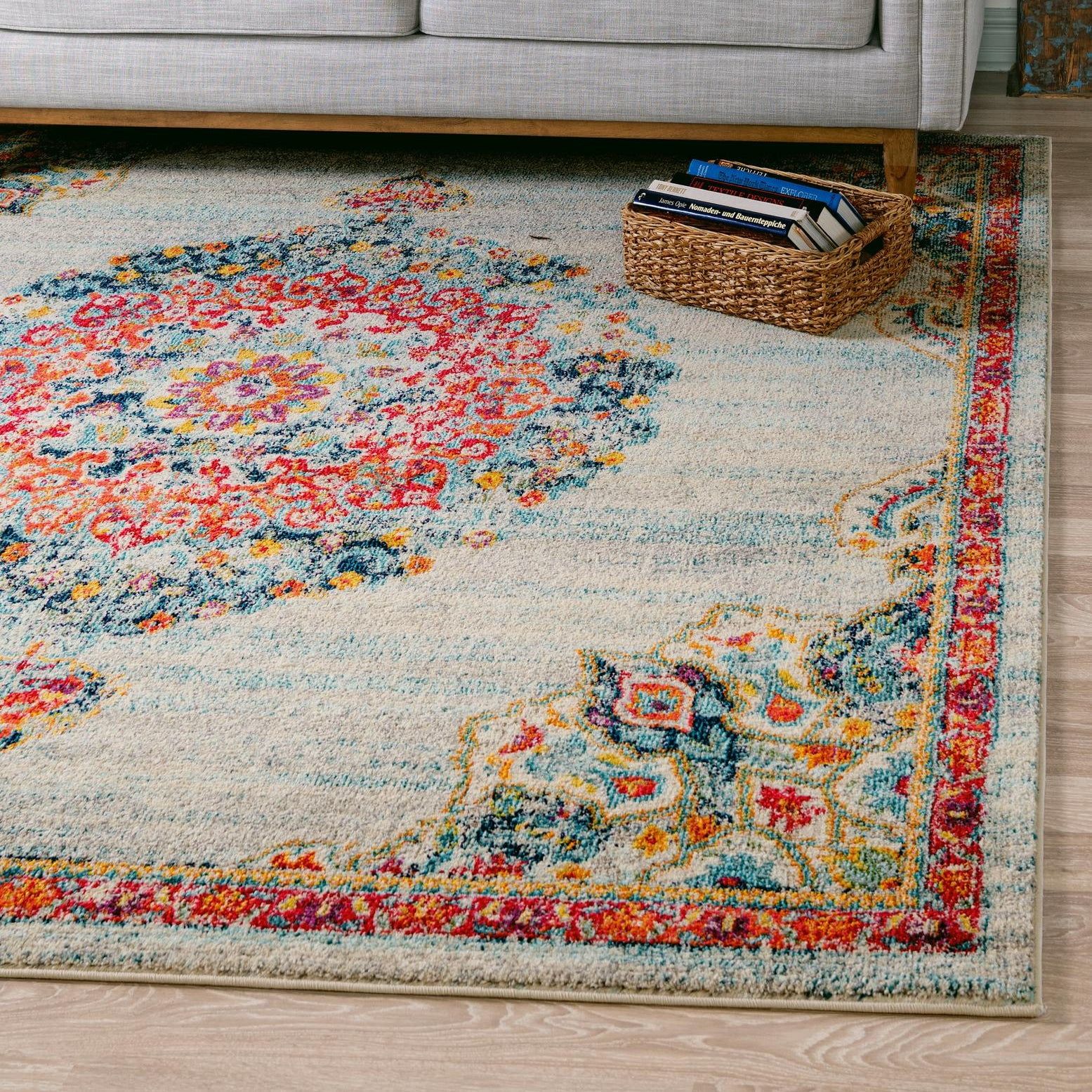 Ivory and Multicolor Square Synthetic Indoor Rug