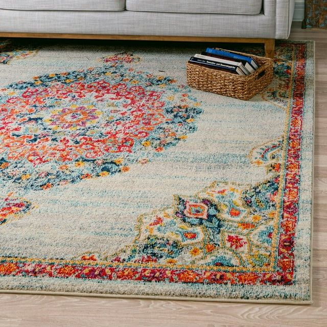 Ivory and Multicolor Square Synthetic Indoor Rug