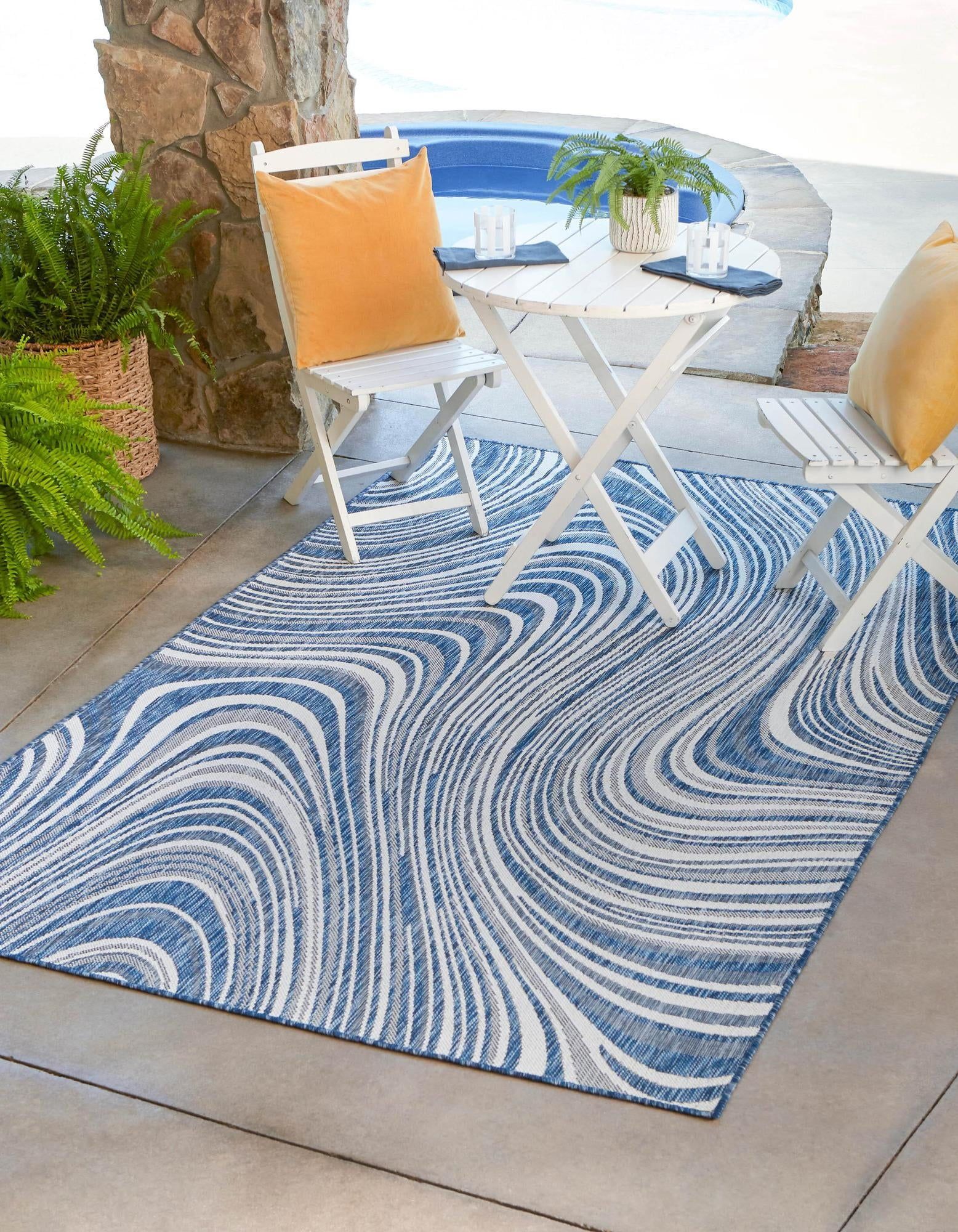 Modern Abstract Blue Wave Outdoor Rug, 5' x 8' Rectangular, Easy-Care Synthetic