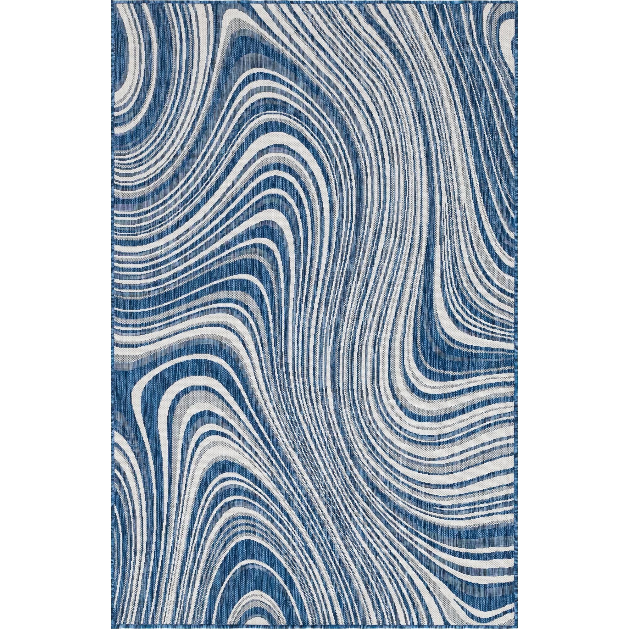 Modern Abstract Blue Wave Outdoor Rug, 5' x 8' Rectangular, Easy-Care Synthetic