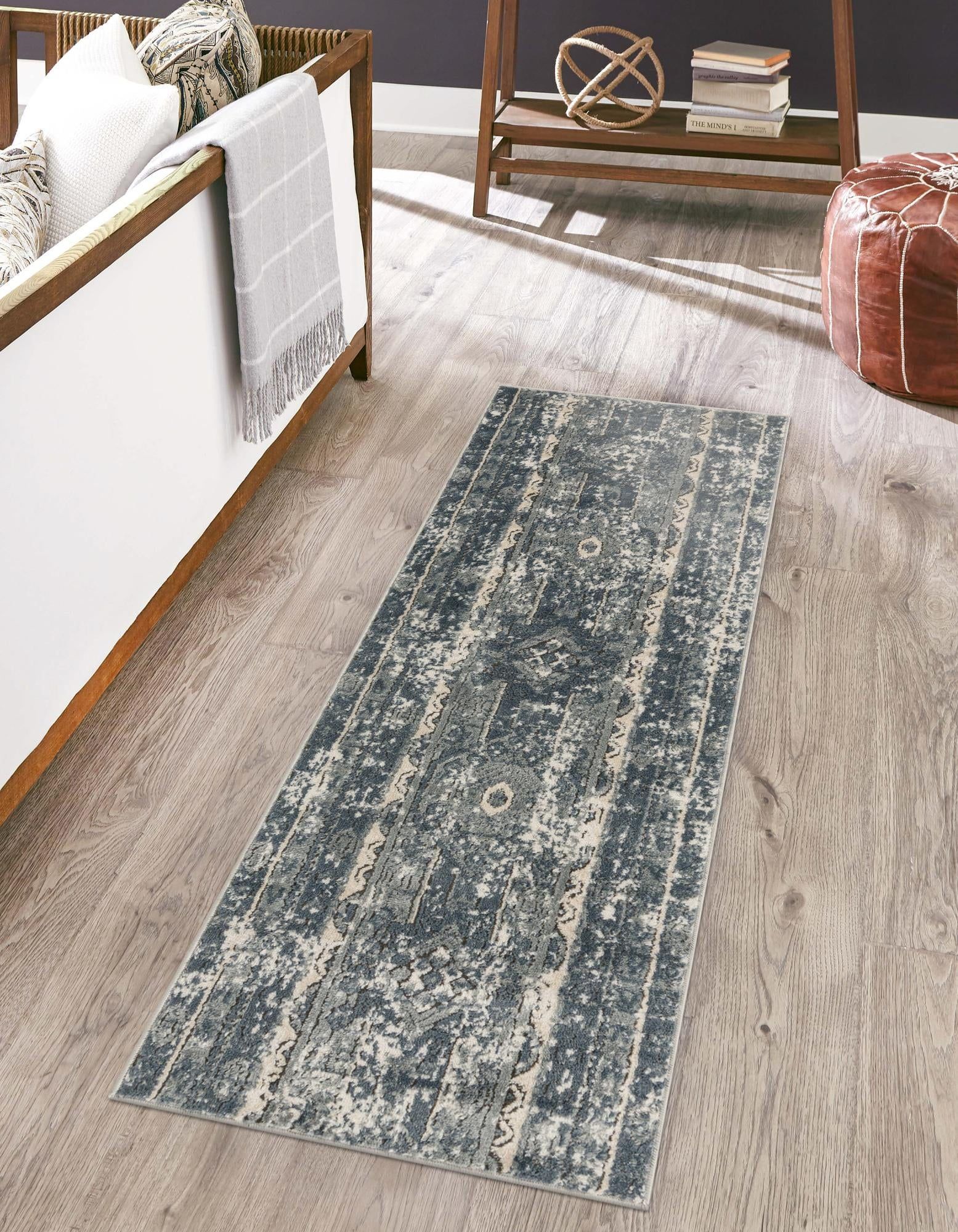 Blue and Ivory Geometric Synthetic Runner Rug
