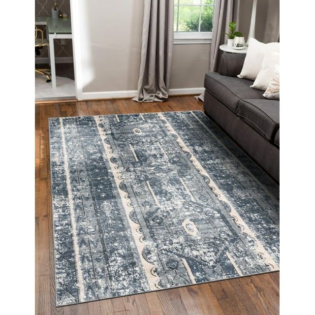 Blue and Ivory Geometric Easy Care Rectangular Rug, 6x9 ft