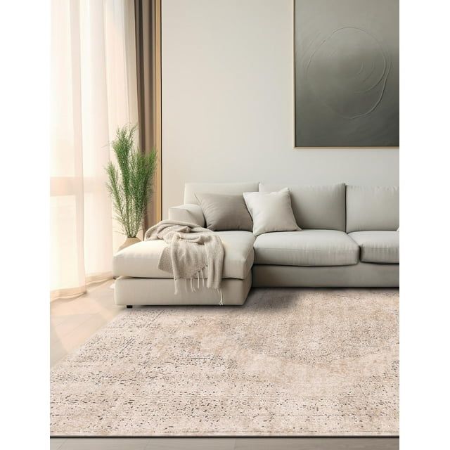 Ivory and Beige Square Stain-Resistant Area Rug
