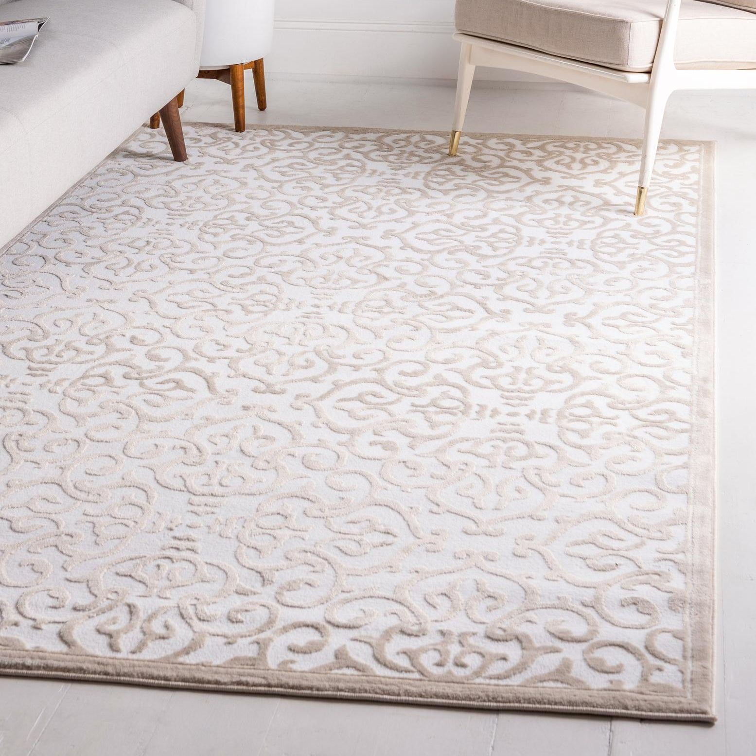 Snow White and Beige Rectangular Stain-Resistant Area Rug