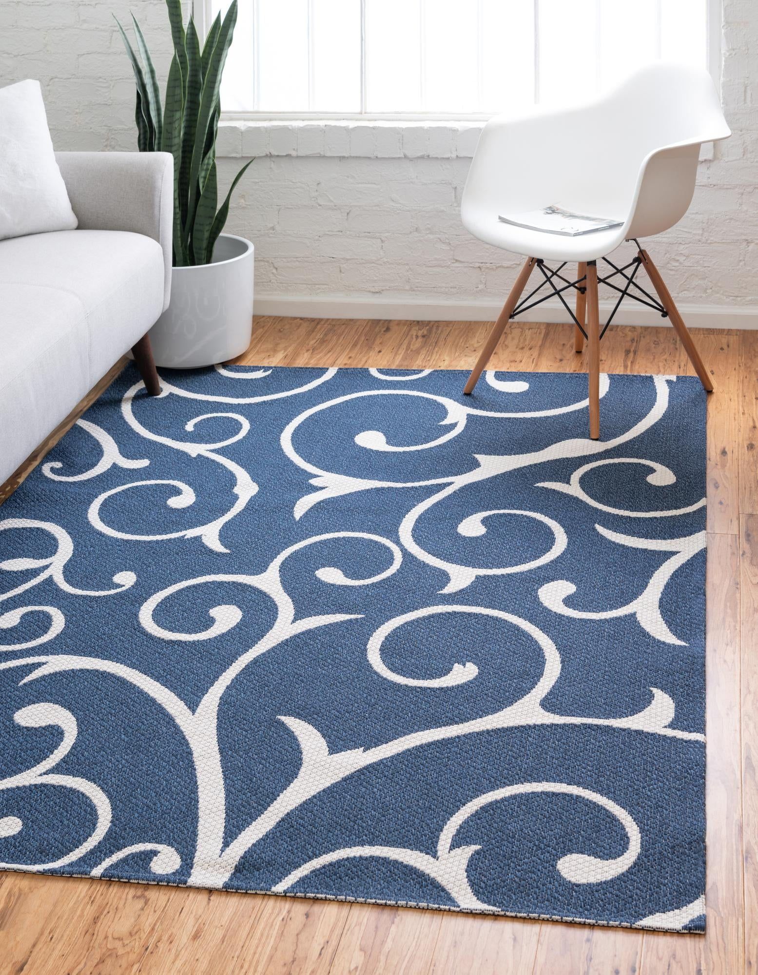 Navy Blue and Ivory Trellis 6' x 9' Washable Flat Woven Rug