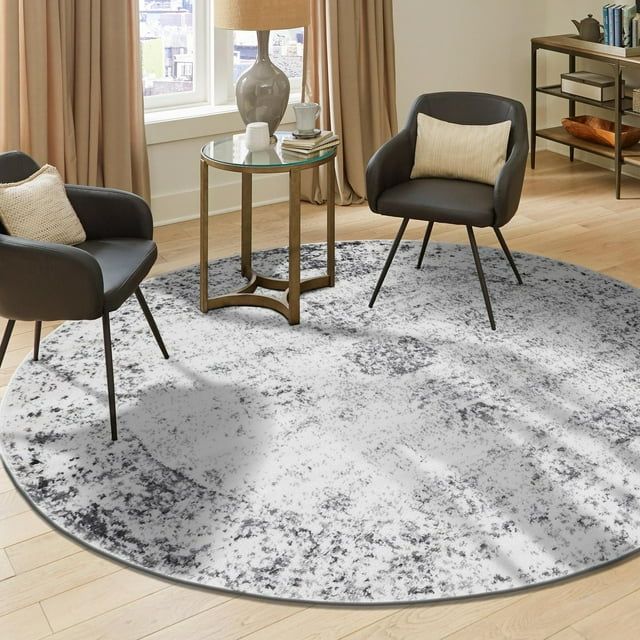 Gray and White Round Floral Synthetic Area Rug