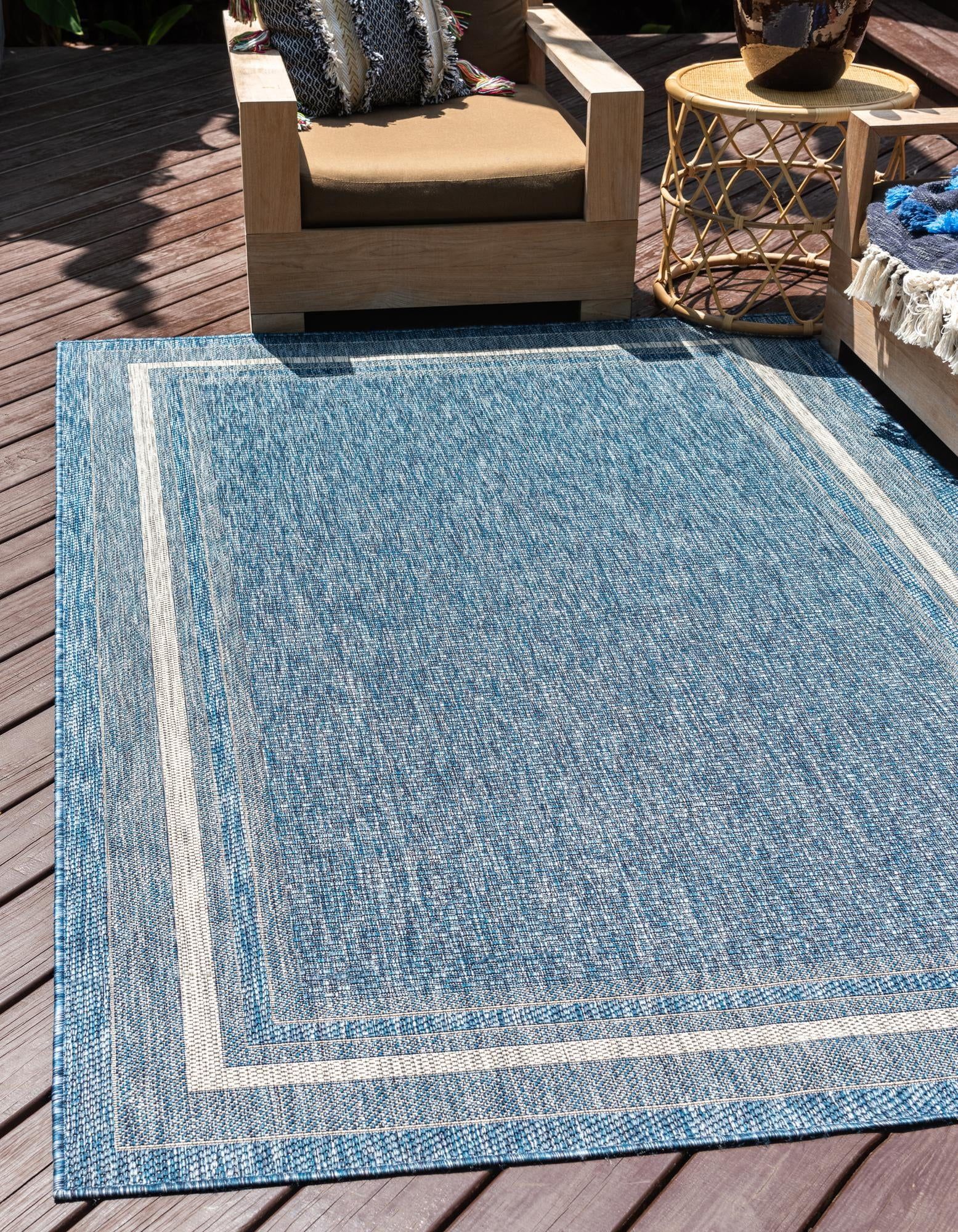 Abstract Blue Synthetic 10' x 14' Easy-Care Outdoor Rug