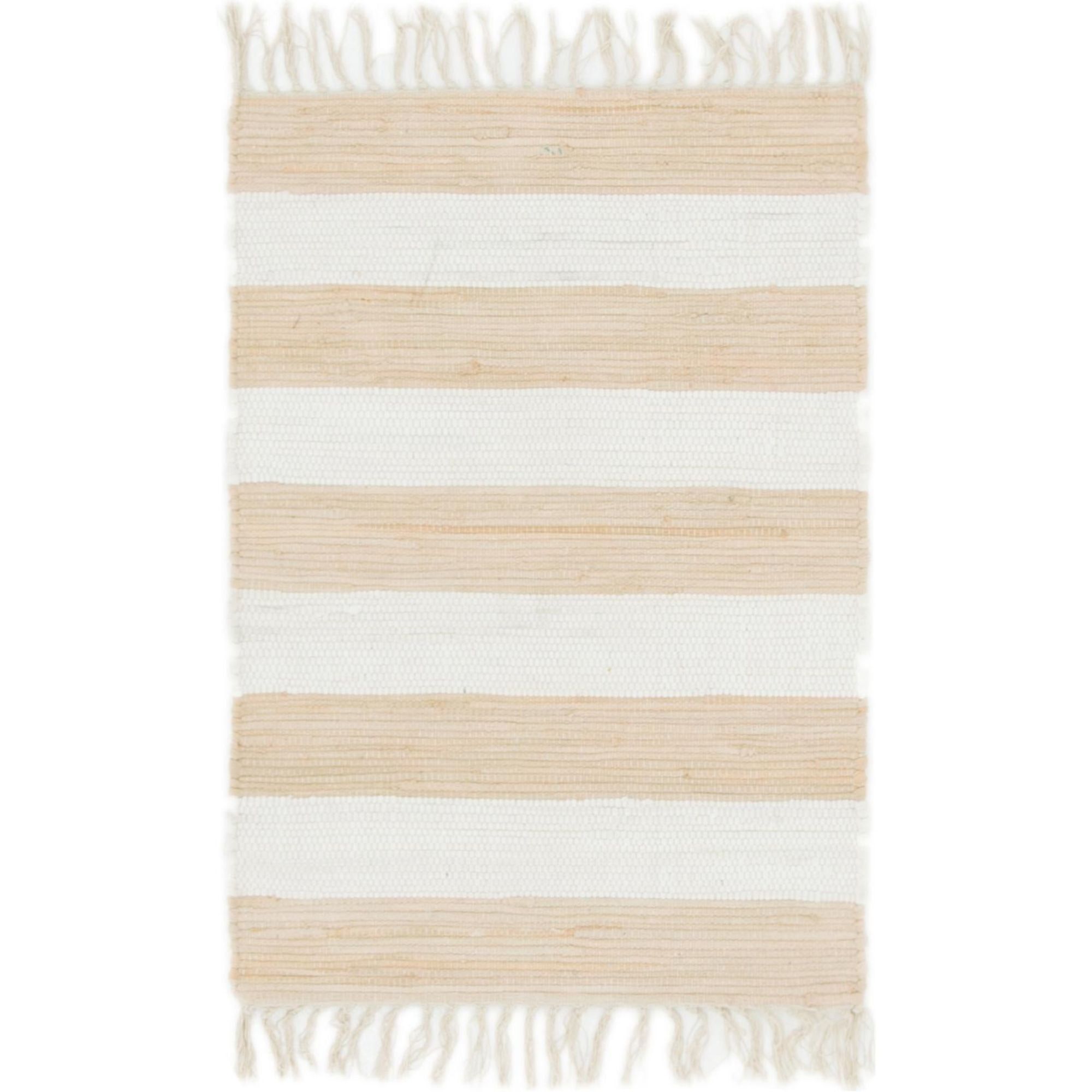 Beige and Ivory Striped Cotton Fringe Accent Rug 2' x 3'