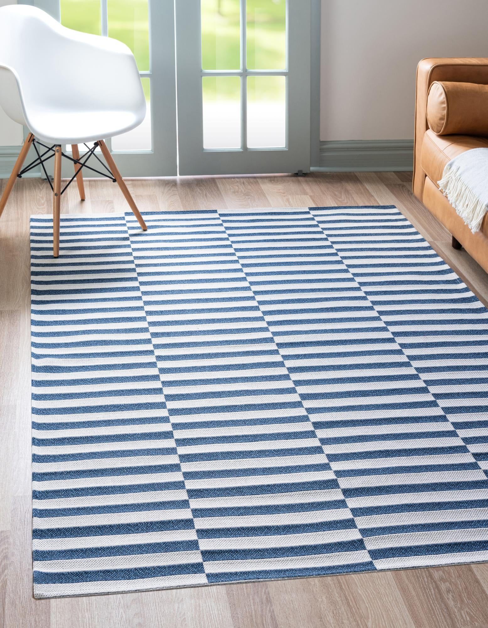 Navy Blue and Ivory Striped Flatweave Rectangular Rug