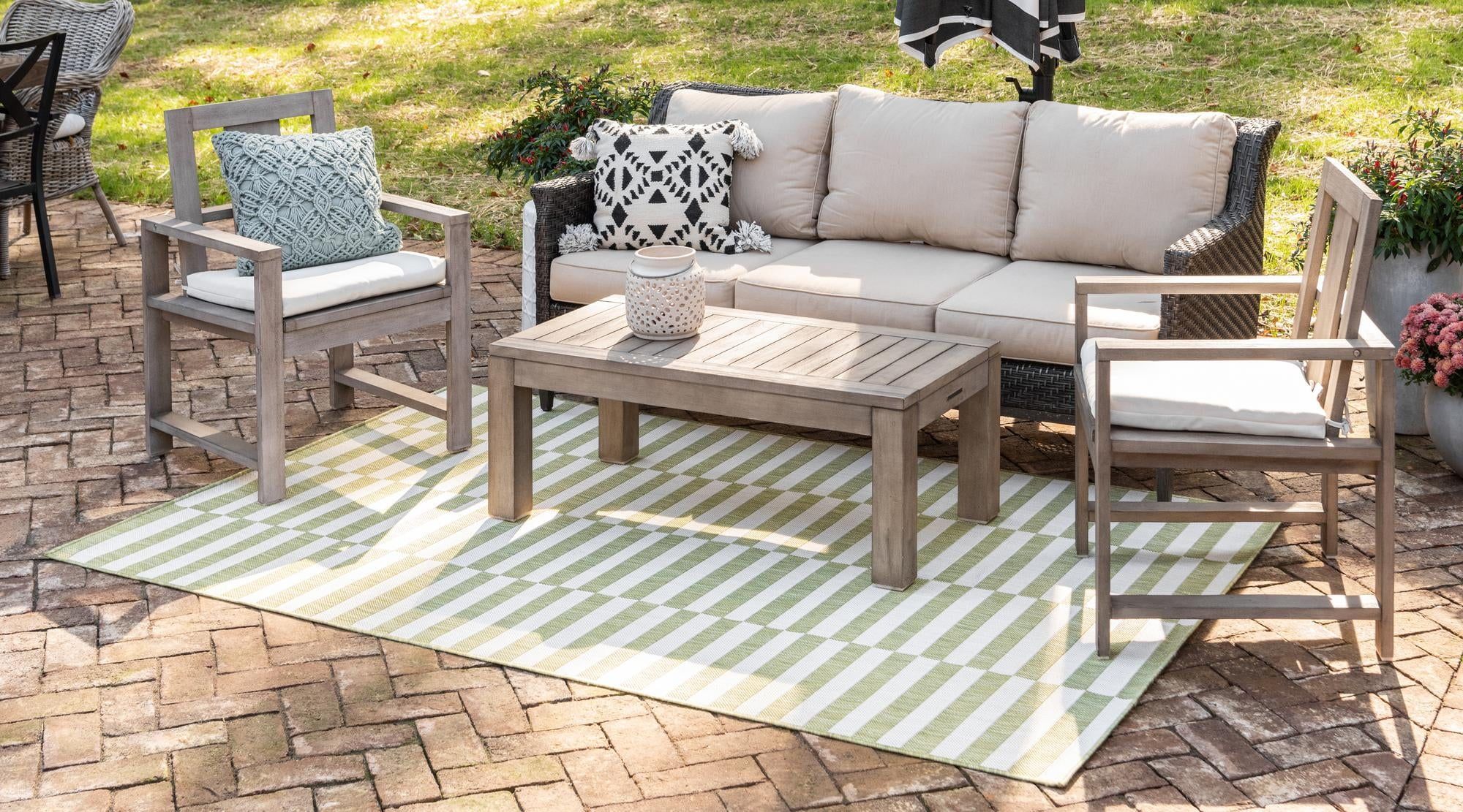 Easy-Care Striped Green & Ivory Synthetic Outdoor Rug 5' x 8'