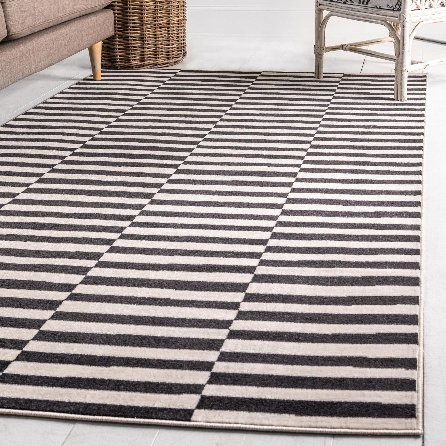 Black and Ivory Striped Synthetic 6' x 9' Area Rug