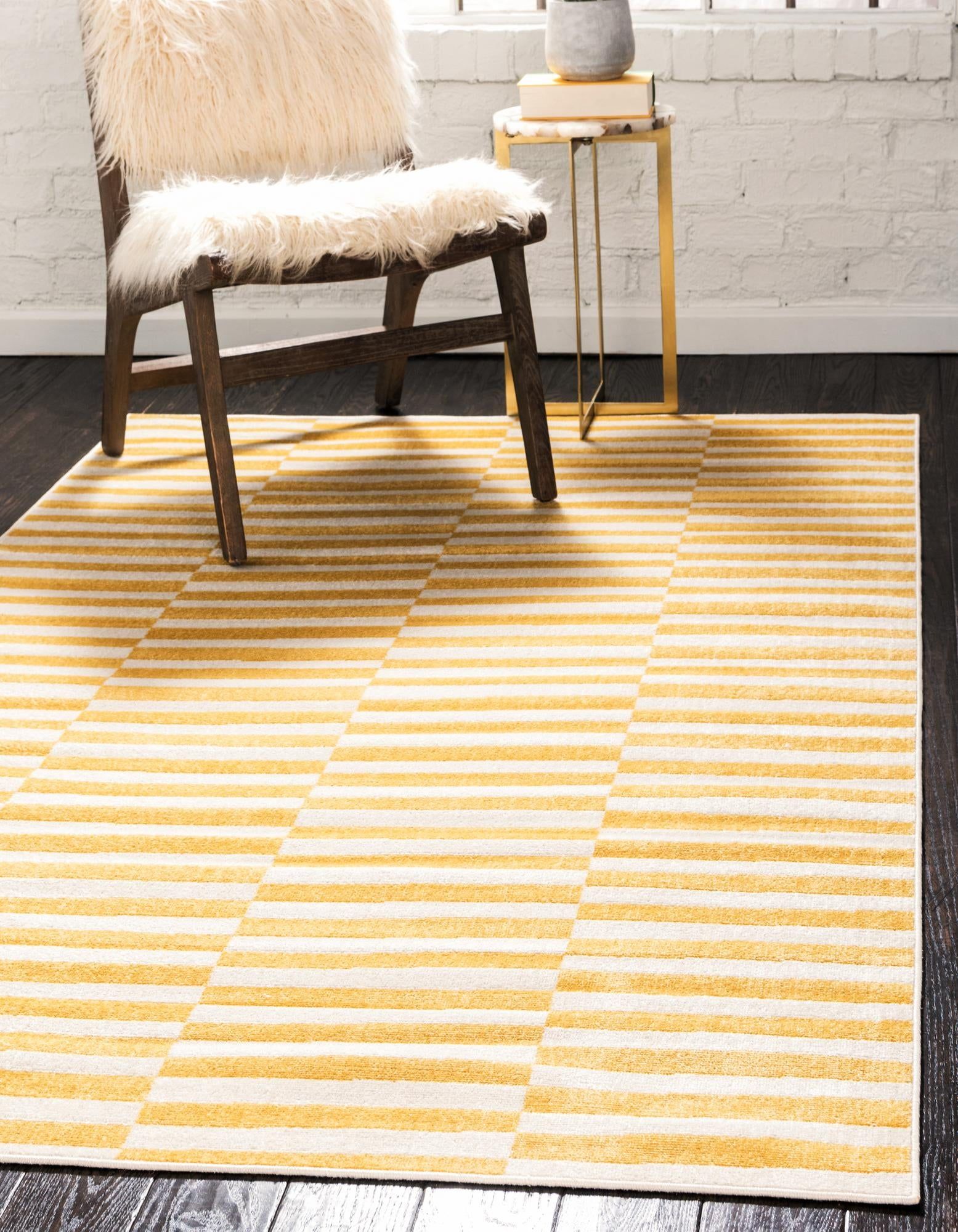 Yellow and Ivory Striped Rectangular Synthetic Rug 10' x 13'