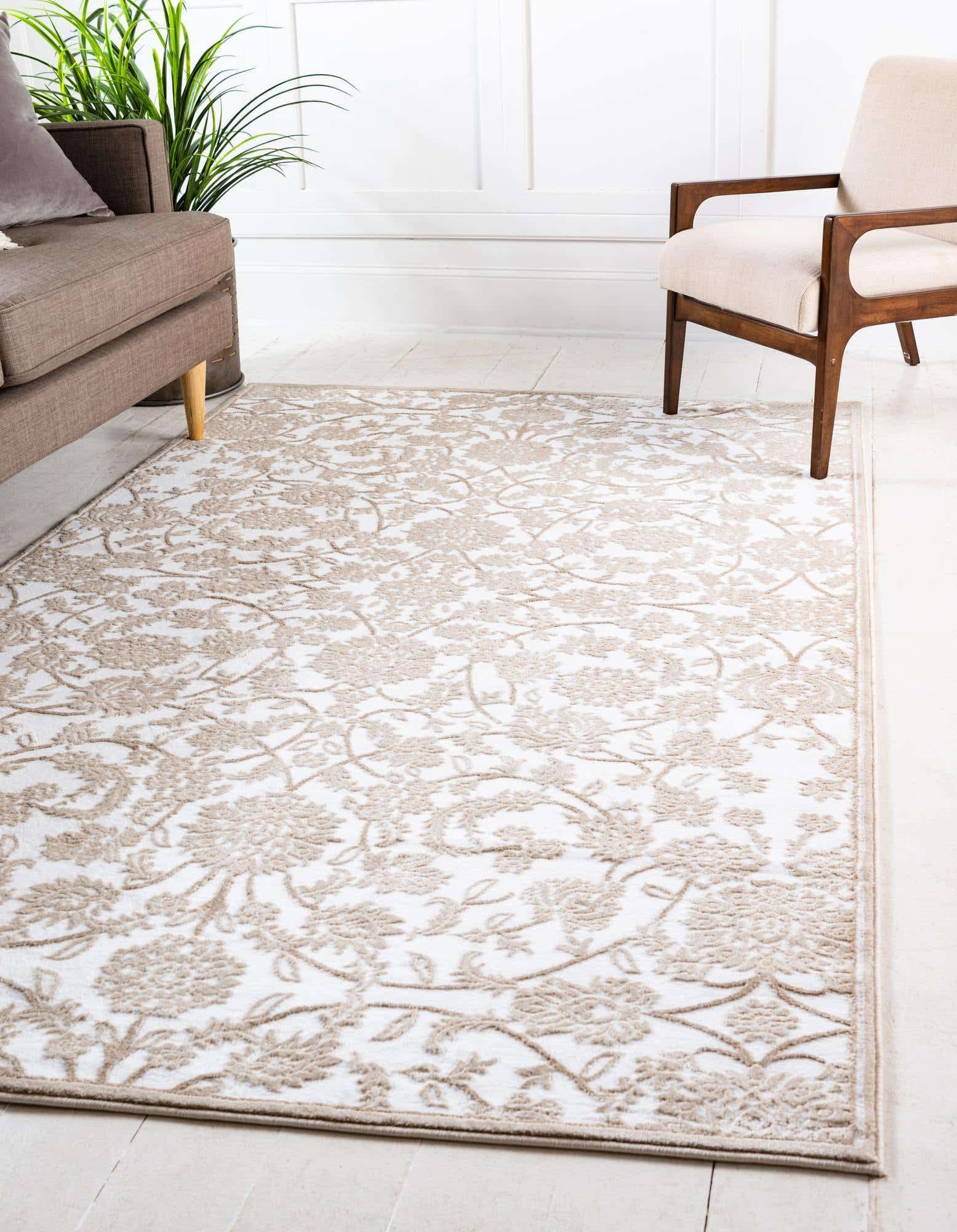 Ivory Floral Rectangular Stain-Resistant Synthetic Rug, 10x13 ft