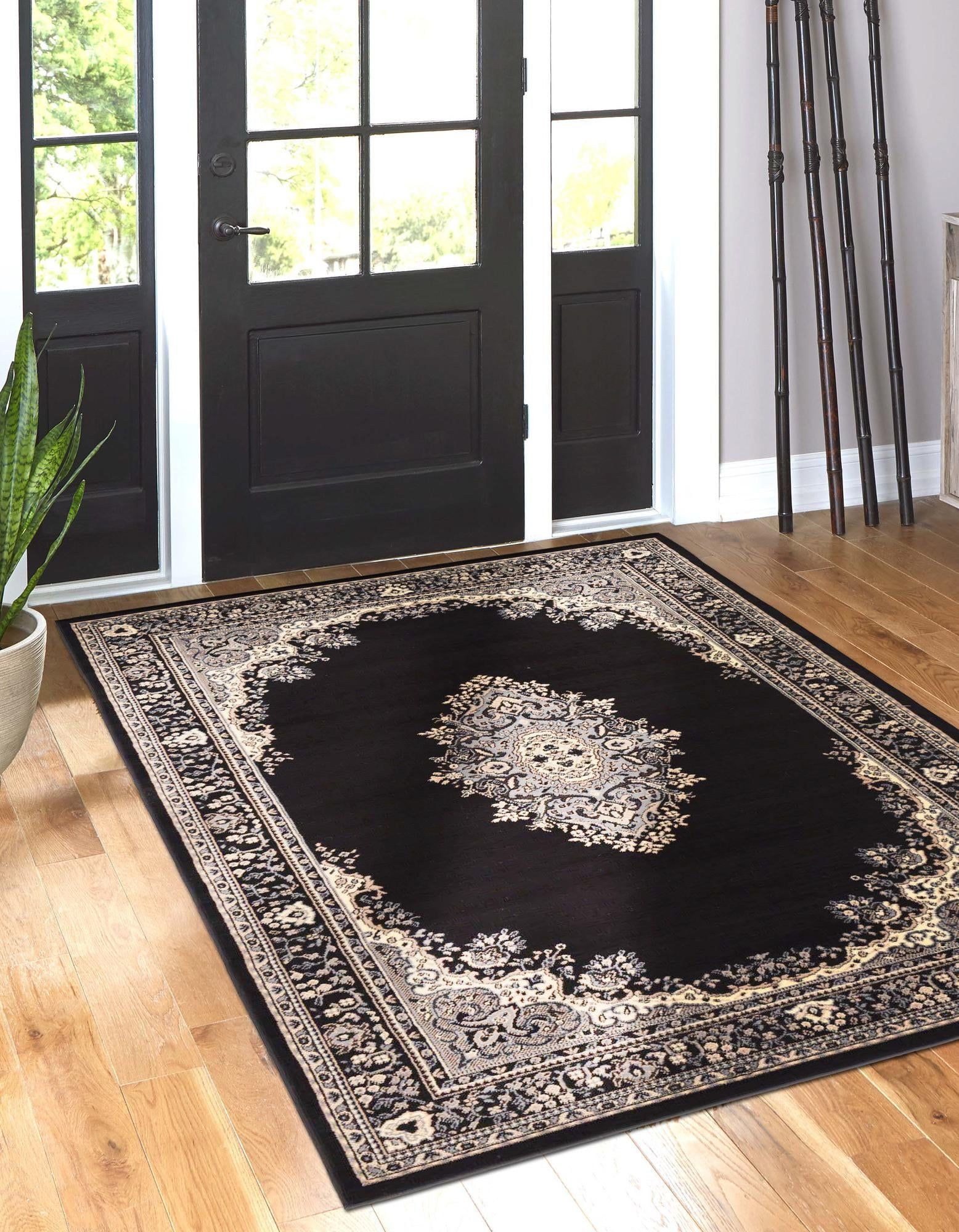 Black and Beige Rectangular Medallion Synthetic Rug