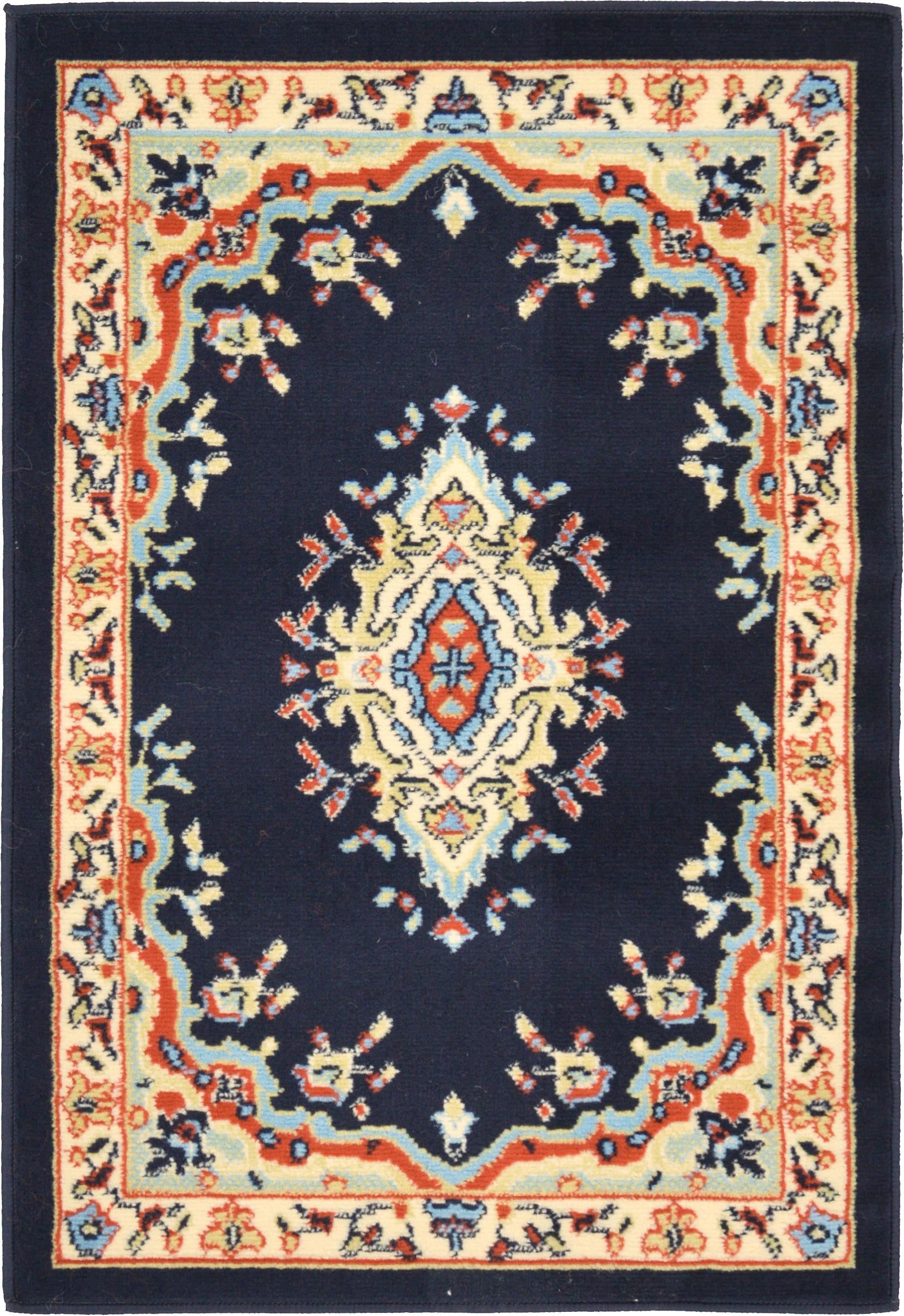 Handmade Navy Blue Rectangular Medallion Synthetic Rug