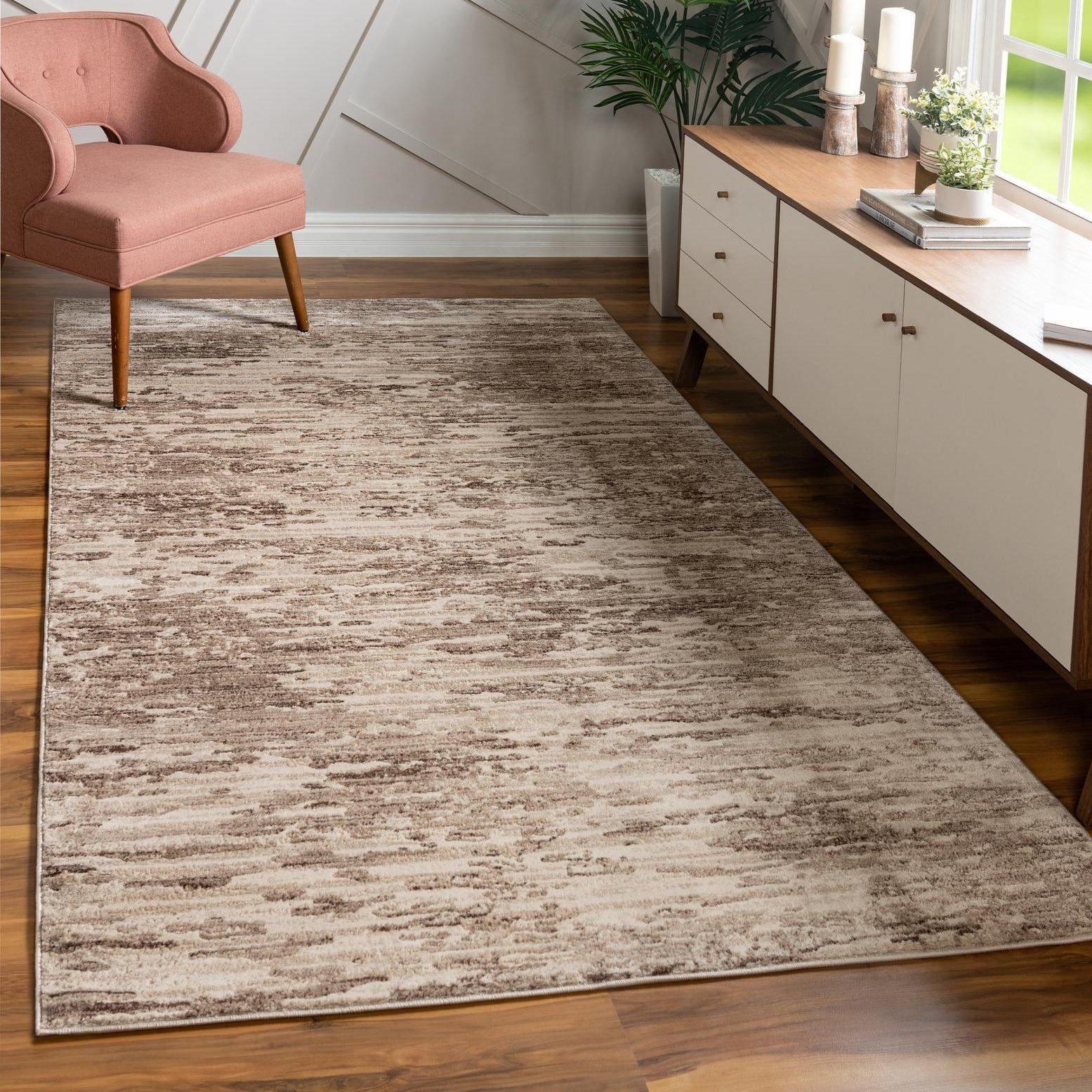 Ivory and Brown Abstract 9' x 12' Synthetic Area Rug