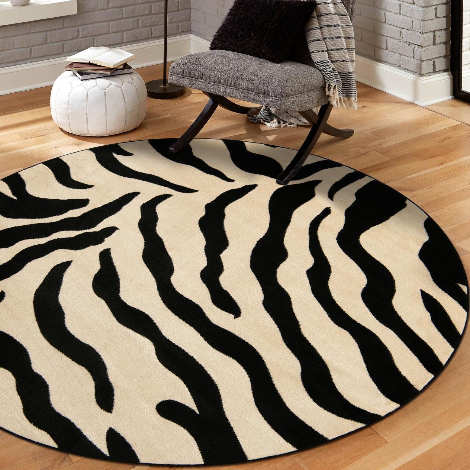 Safari Charm Round Ivory & Black Zebra Print Area Rug, 4' Diameter