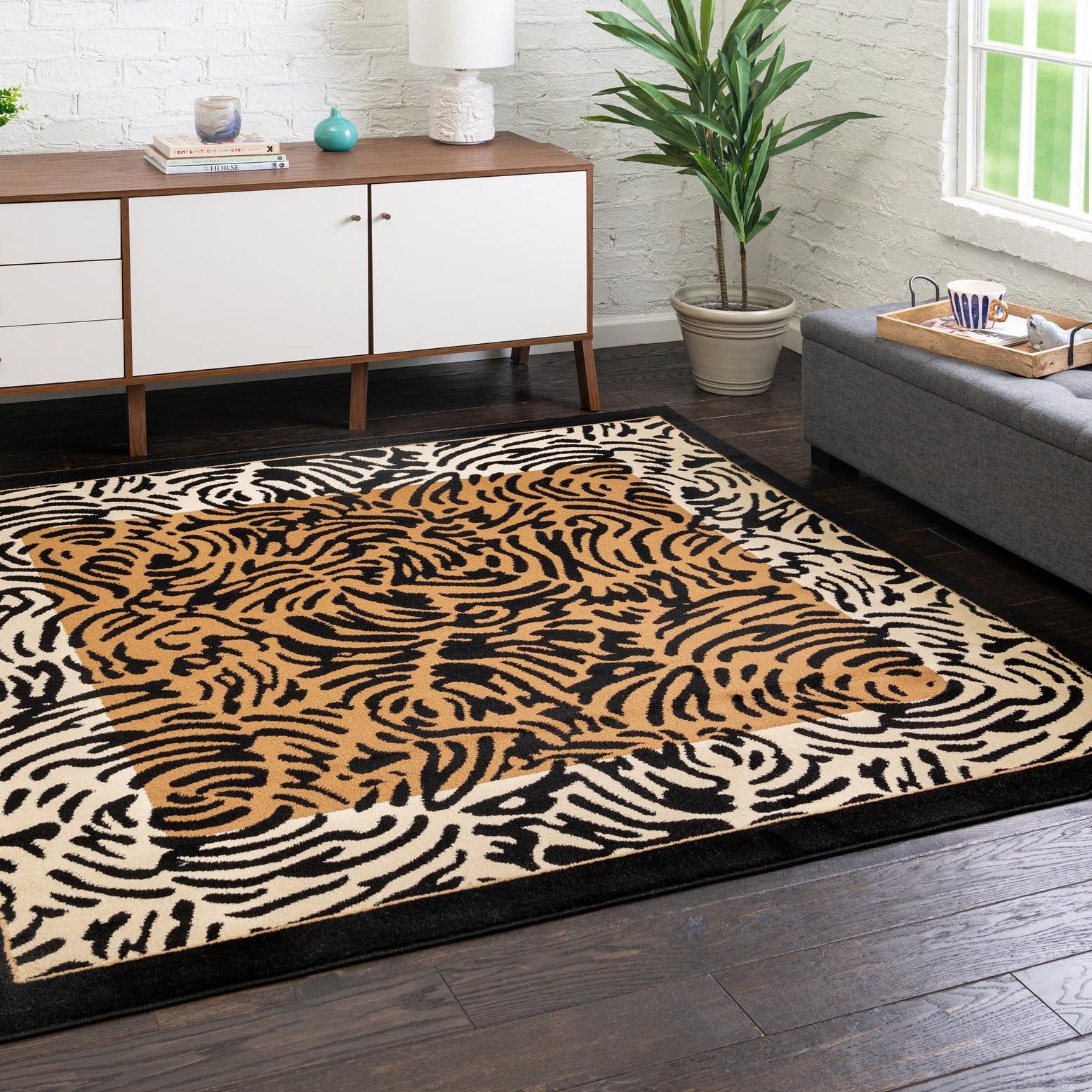 6' Square Light Brown and Black Animal Print Rug
