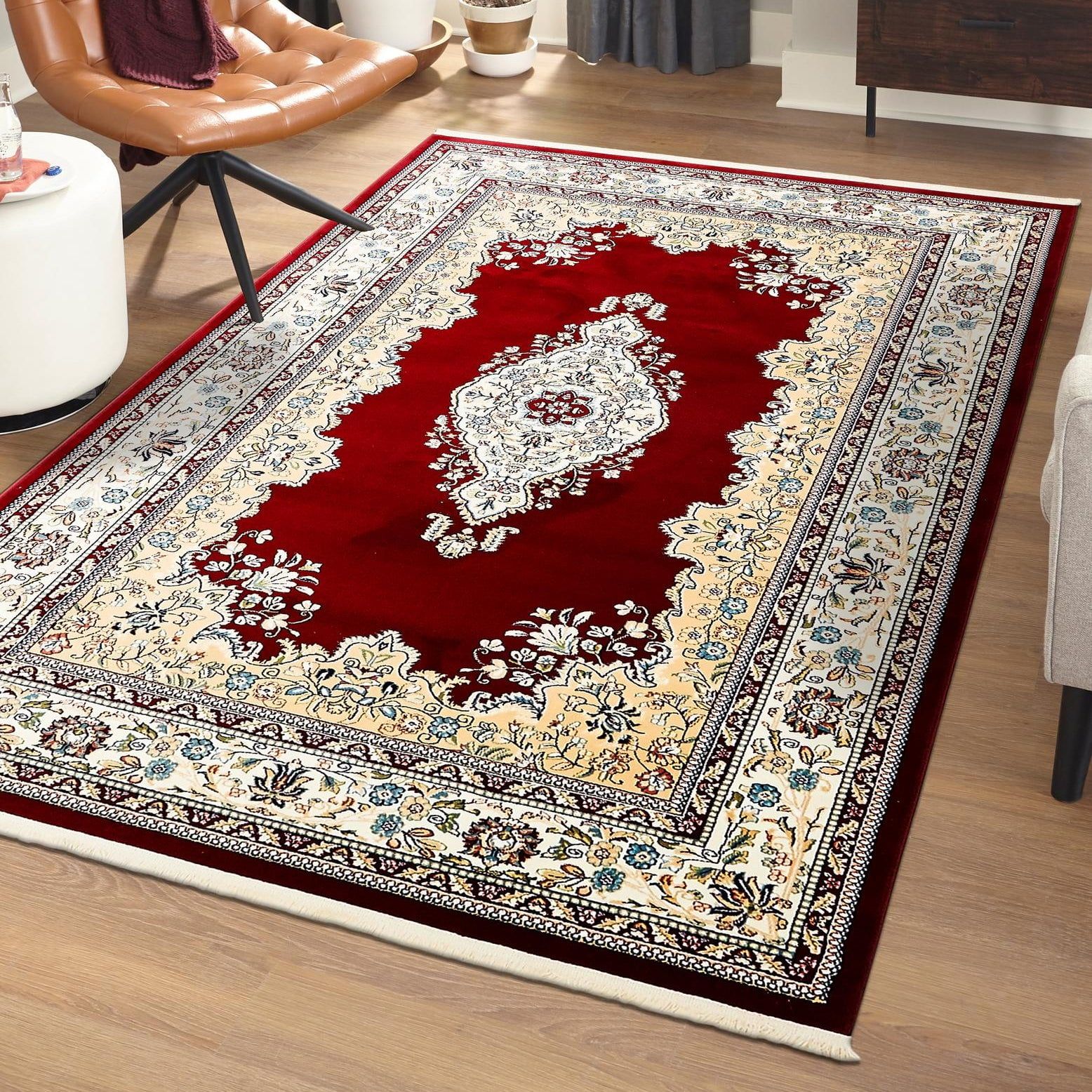 Burgundy and Cream 8' x 10' Synthetic Traditional Area Rug