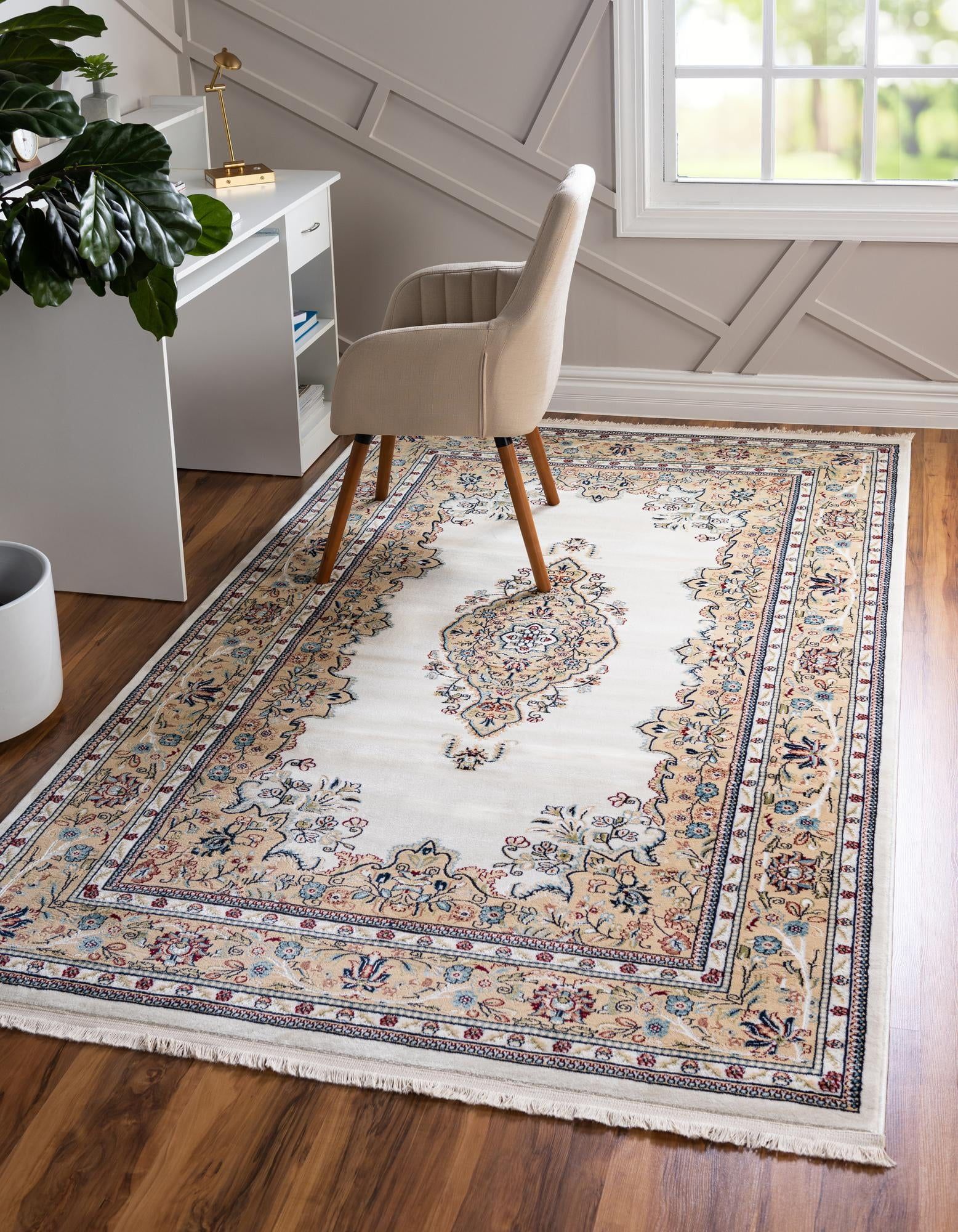 Ivory and Beige Rectangular Synthetic Stain-Resistant Rug