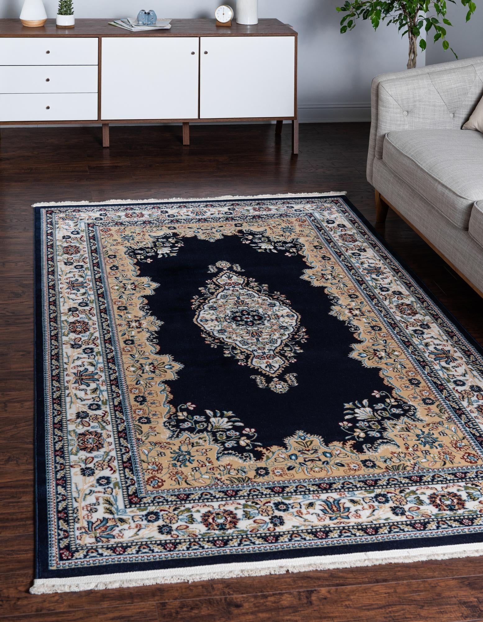 Elegant Navy Blue Floral 10' x 13' Synthetic Rectangular Rug