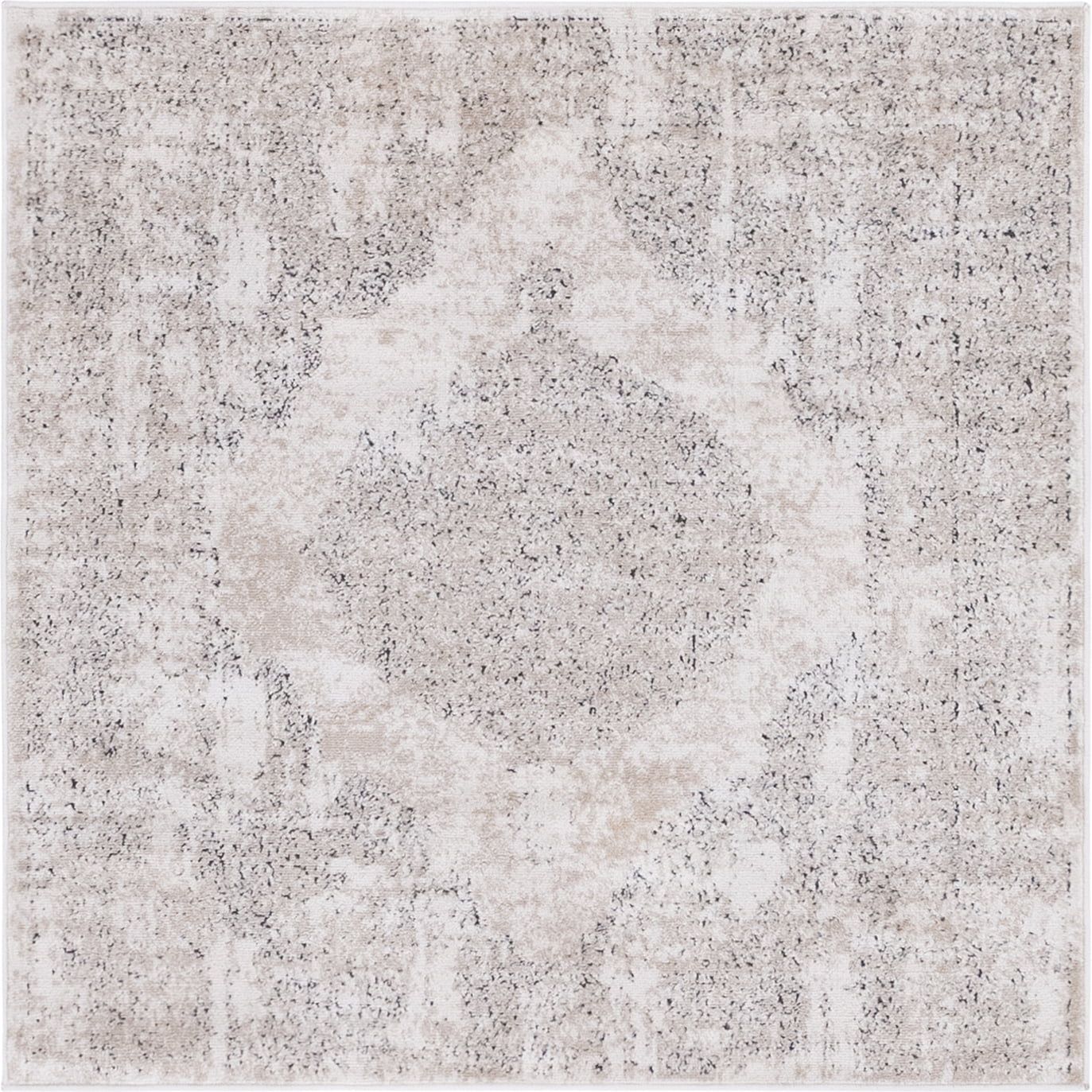 Ivory Geometric Square Stain-Resistant Synthetic Rug