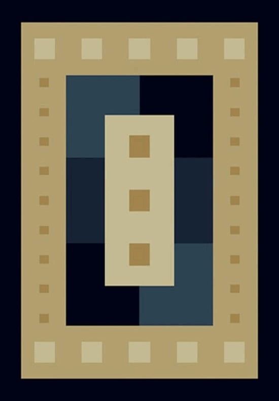 Navy and Beige Geometric Border Runner Rug, 2' x 8'