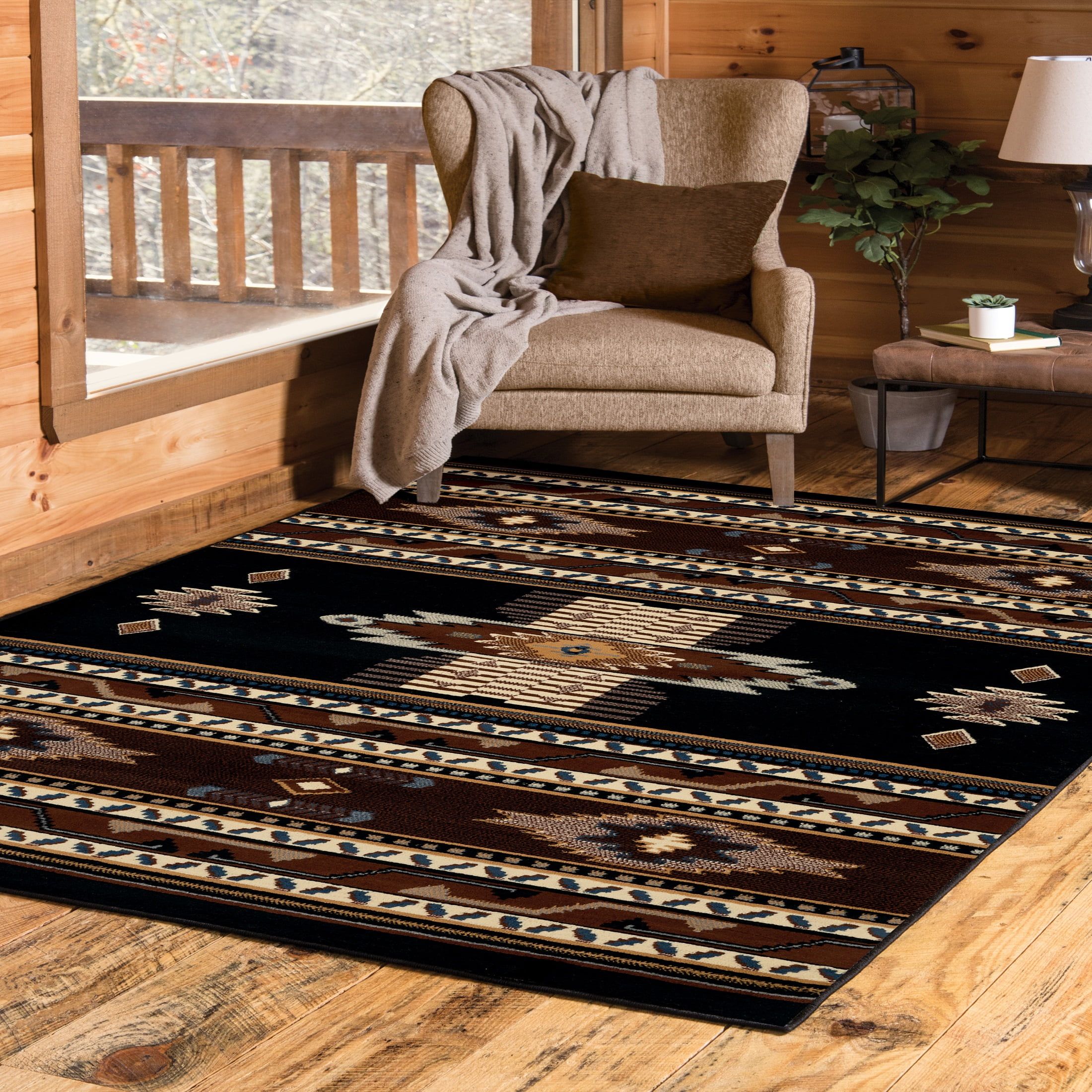 Black Southwestern Stain-Resistant Synthetic Area Rug, 5' x 8'