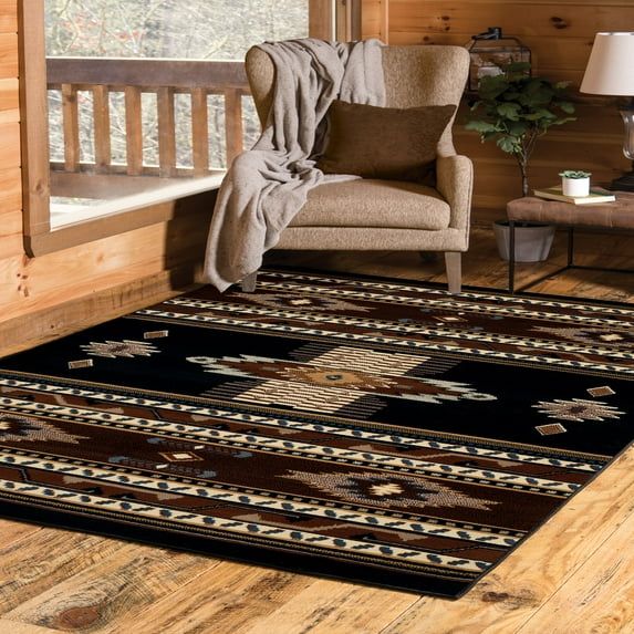 Black and Brown Southwestern Synthetic Runner Rug, 2' x 8'
